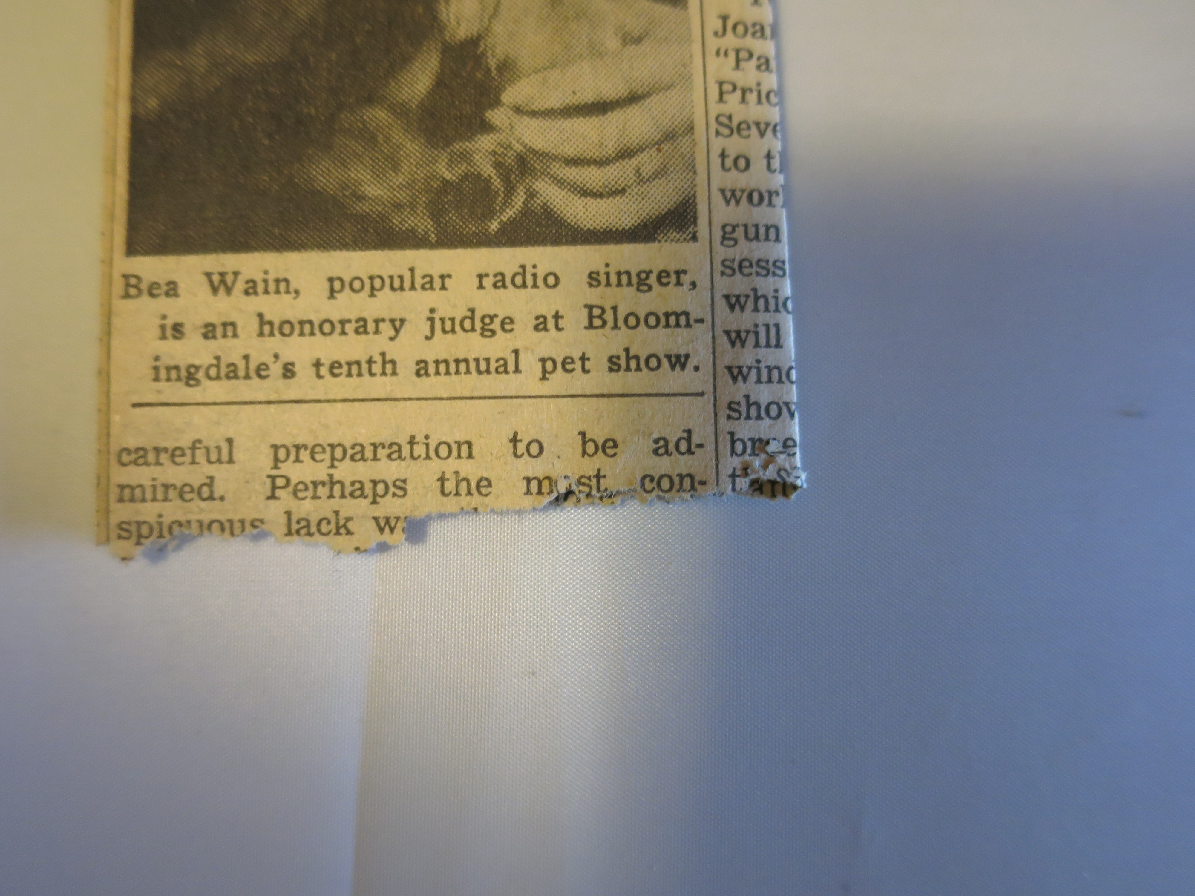 Bea Wain  Radio singer newspaper Bloomingdale’s pet show honorary