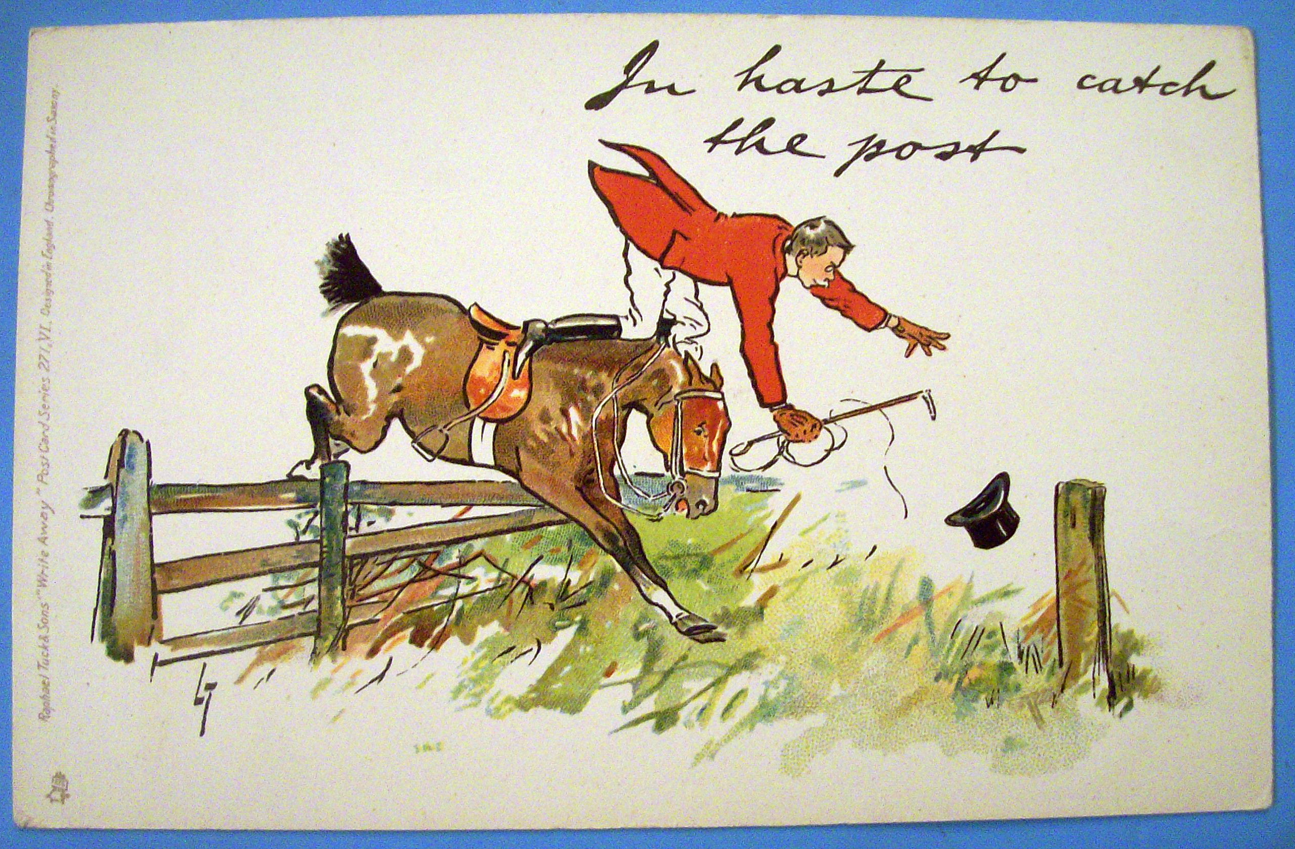 Write Away Postcard By Tuck's w/Man Falling Off Horse