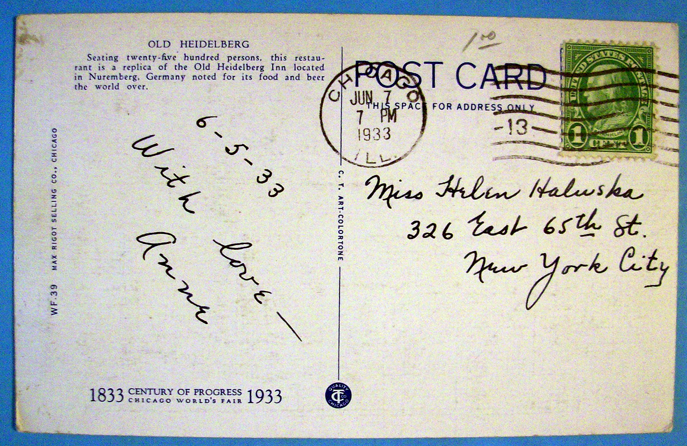 Old Heidelberg Inn Postcard (Century Of Progress)