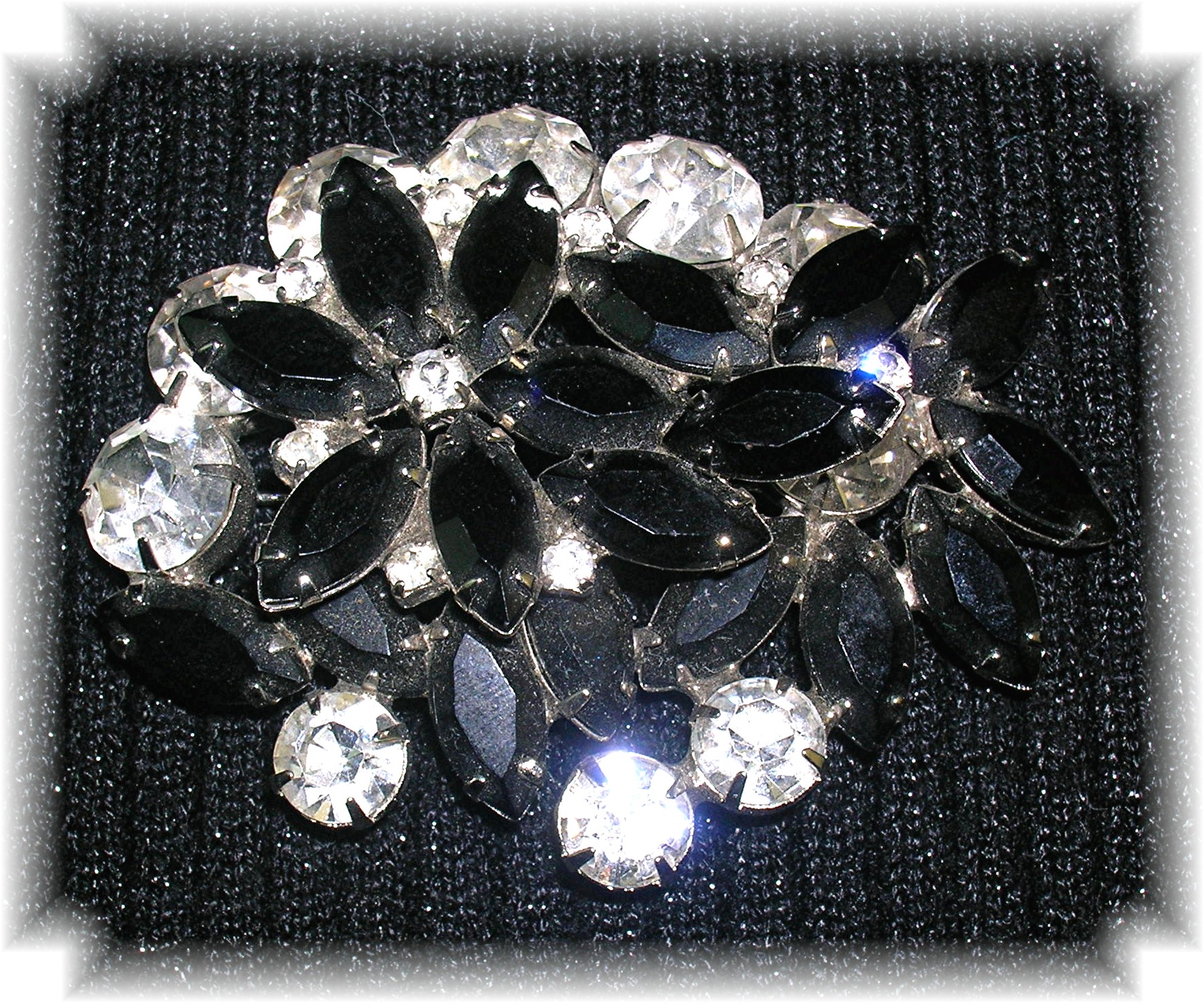 Black and White Crystal Double Flower Brooch