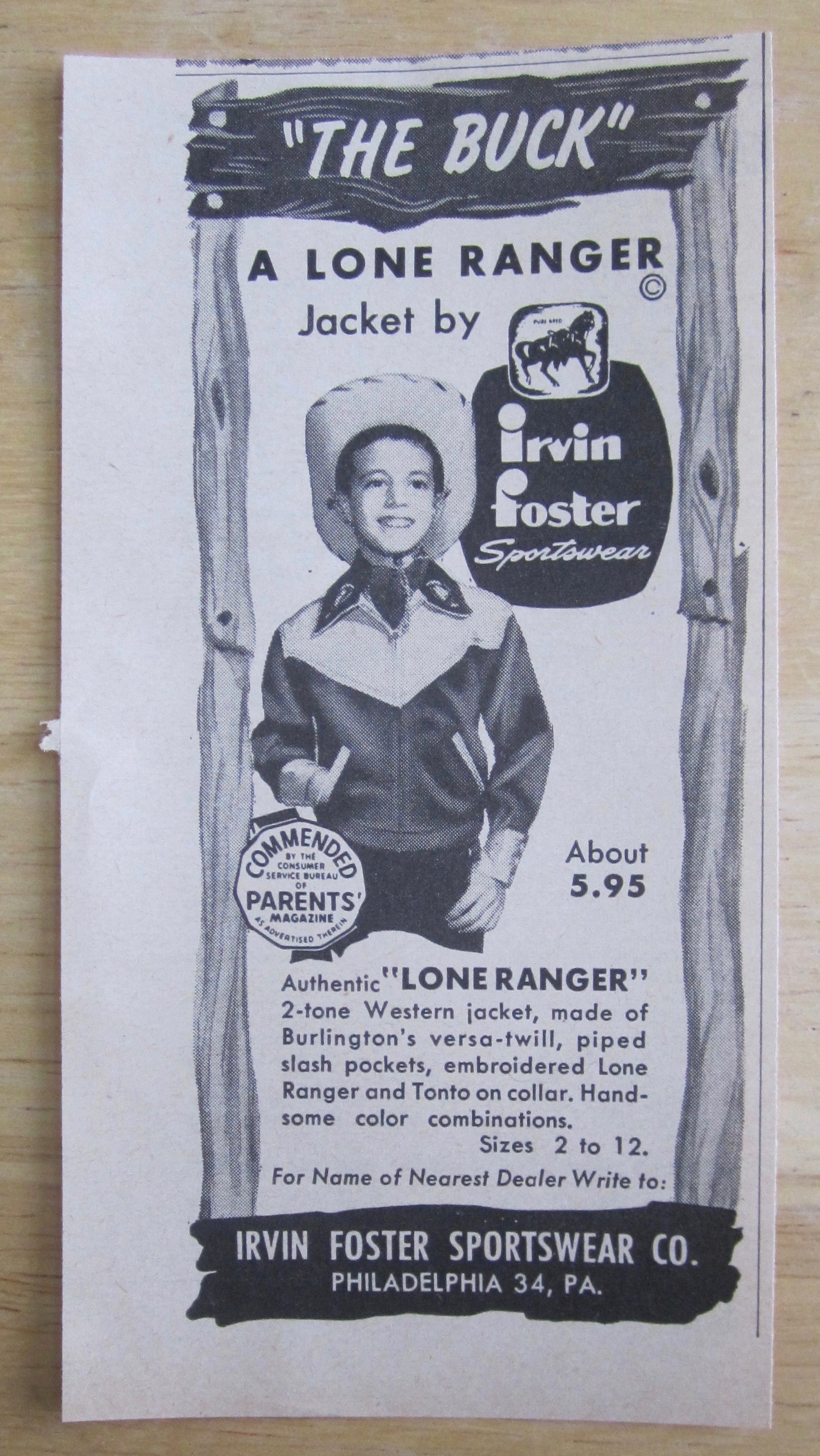 1950 Lone Ranger Jacket with Boy Wearing The Buck