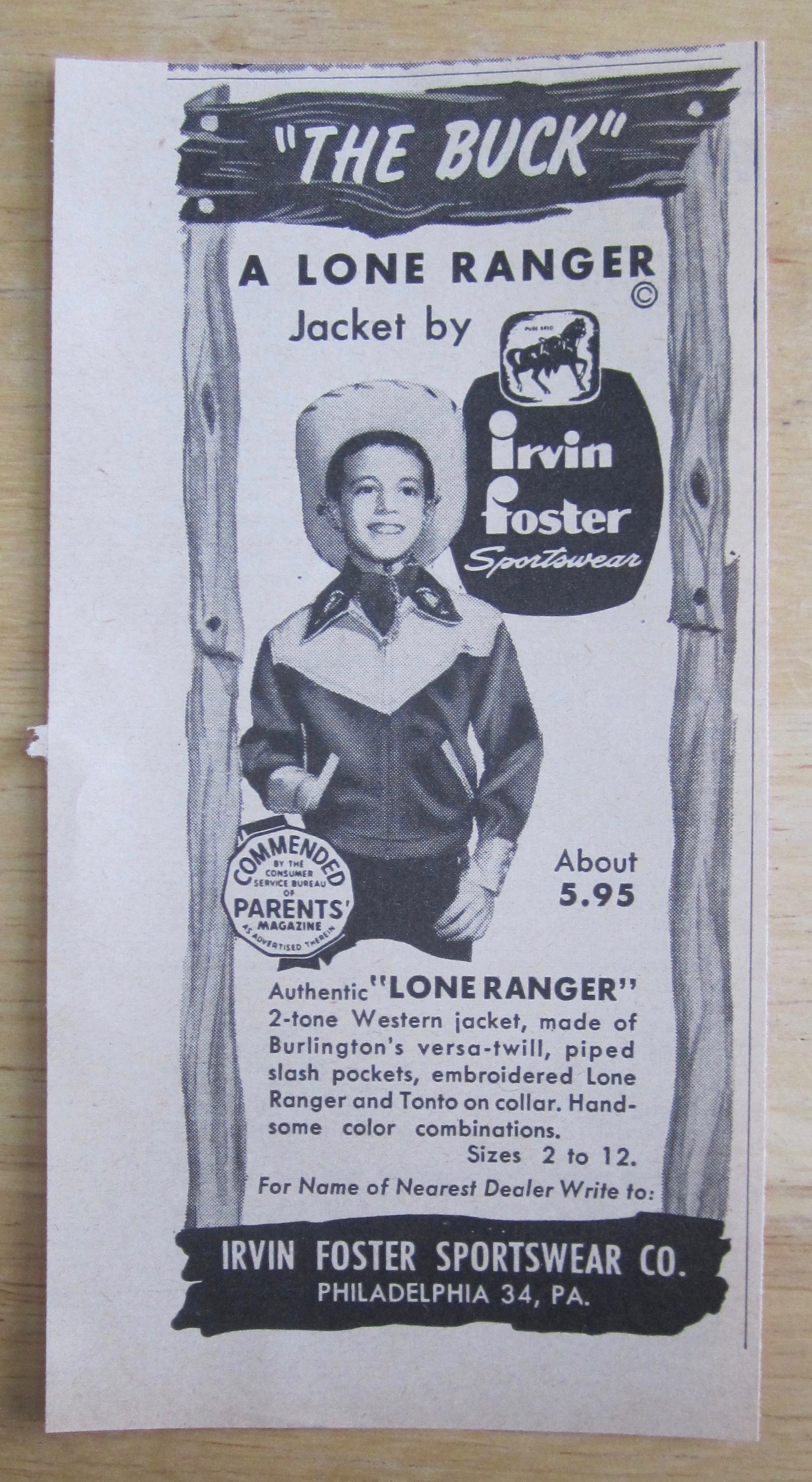 1950 Lone Ranger Jacket with Boy Wearing The Buck