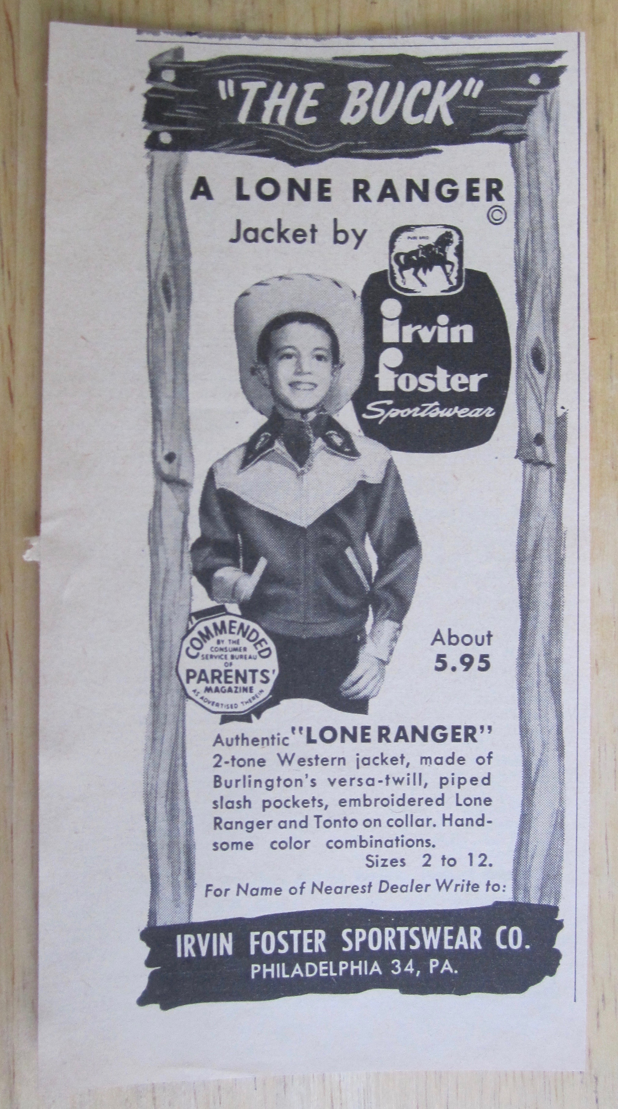 1950 Lone Ranger Jacket with Boy Wearing The Buck