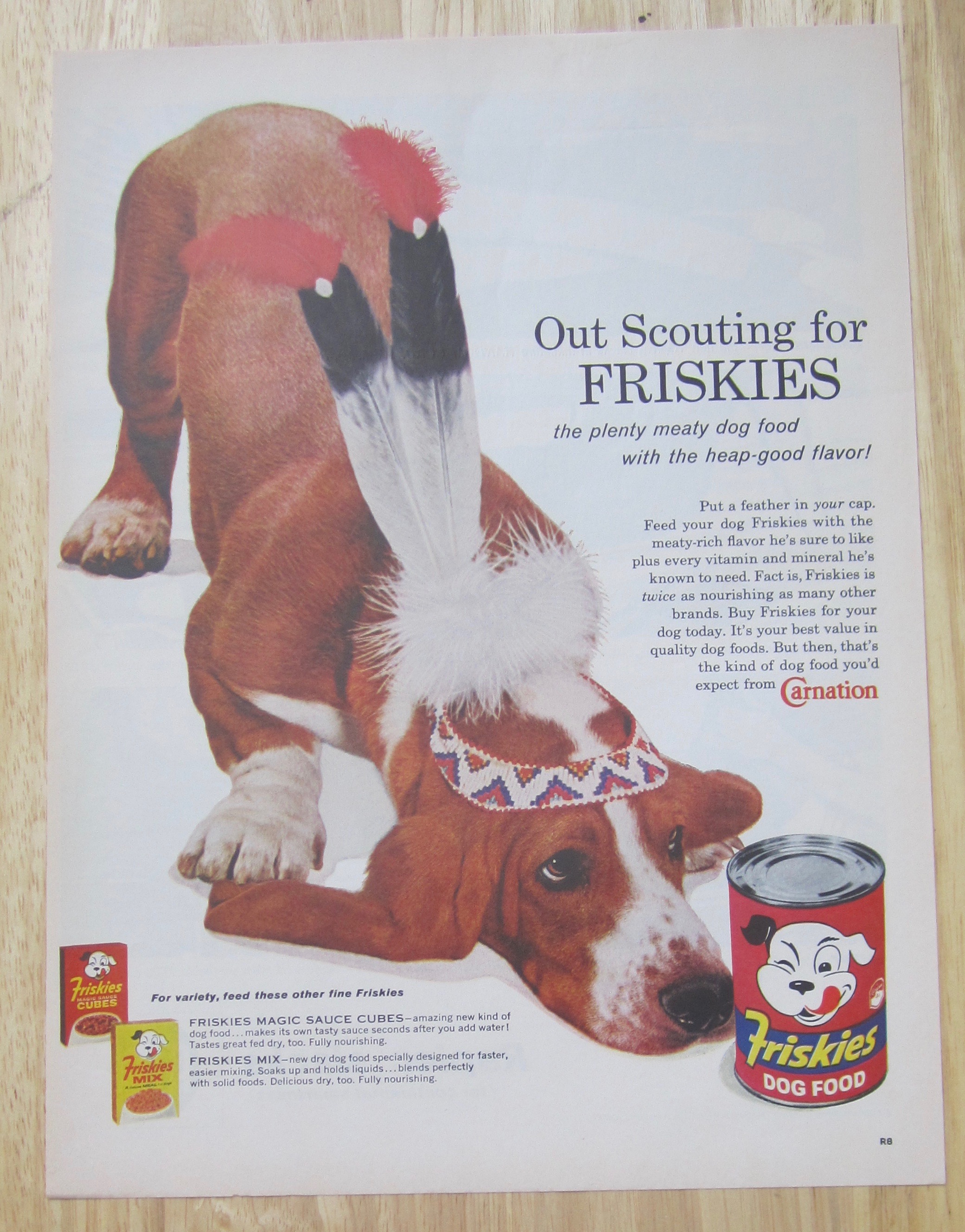 1960 Friskies Dog Food w/ Dog Wearing Indian Headdress