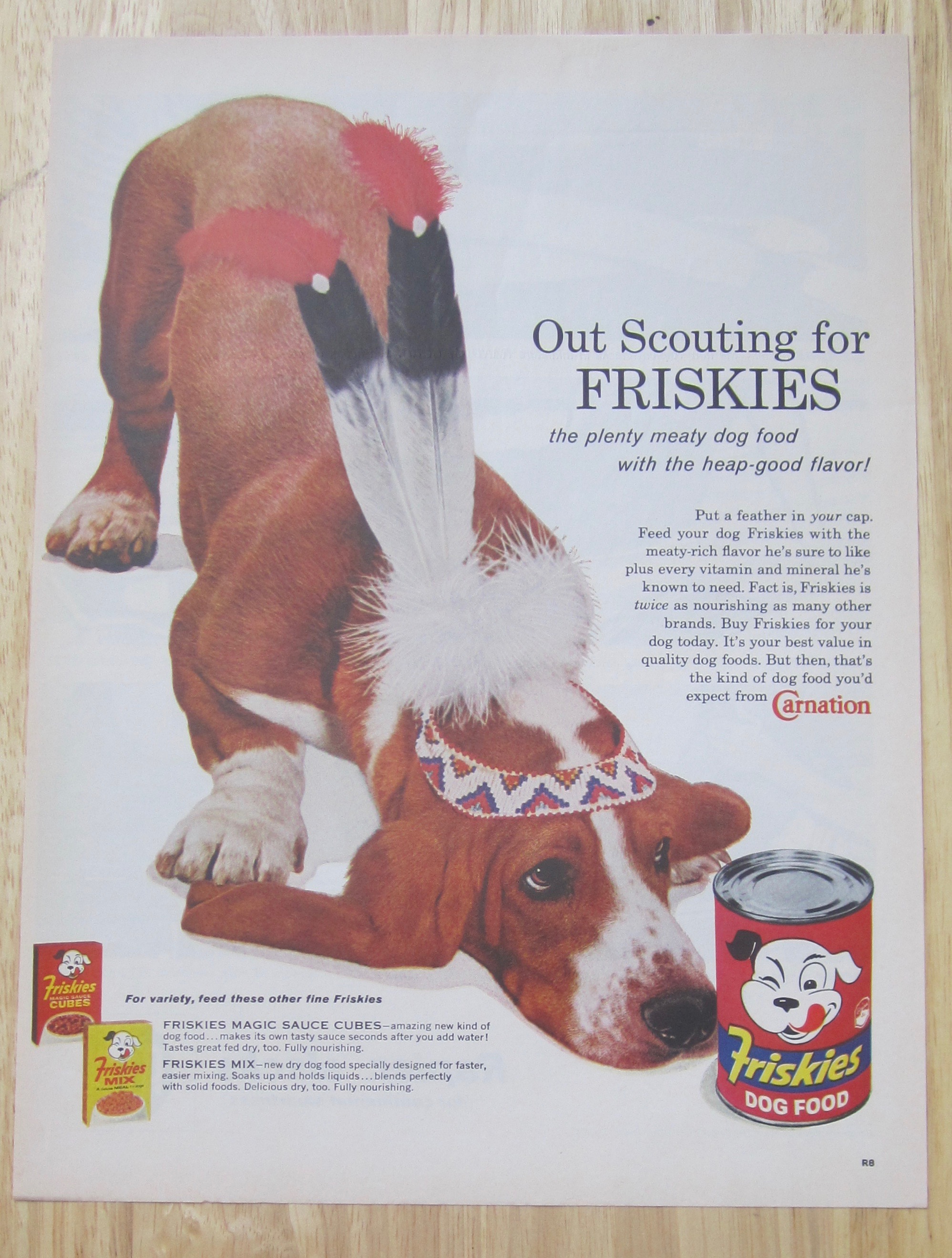 1960 Friskies Dog Food w/ Dog Wearing Indian Headdress
