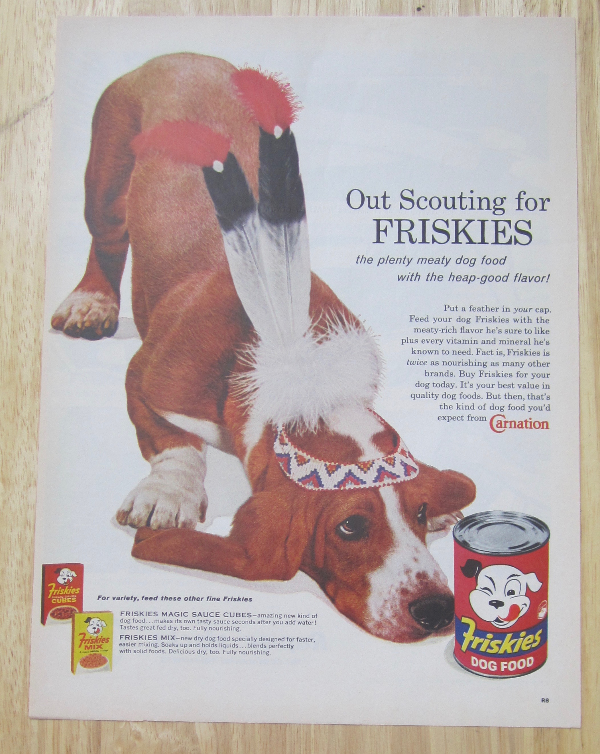 1960 Friskies Dog Food w/ Dog Wearing Indian Headdress