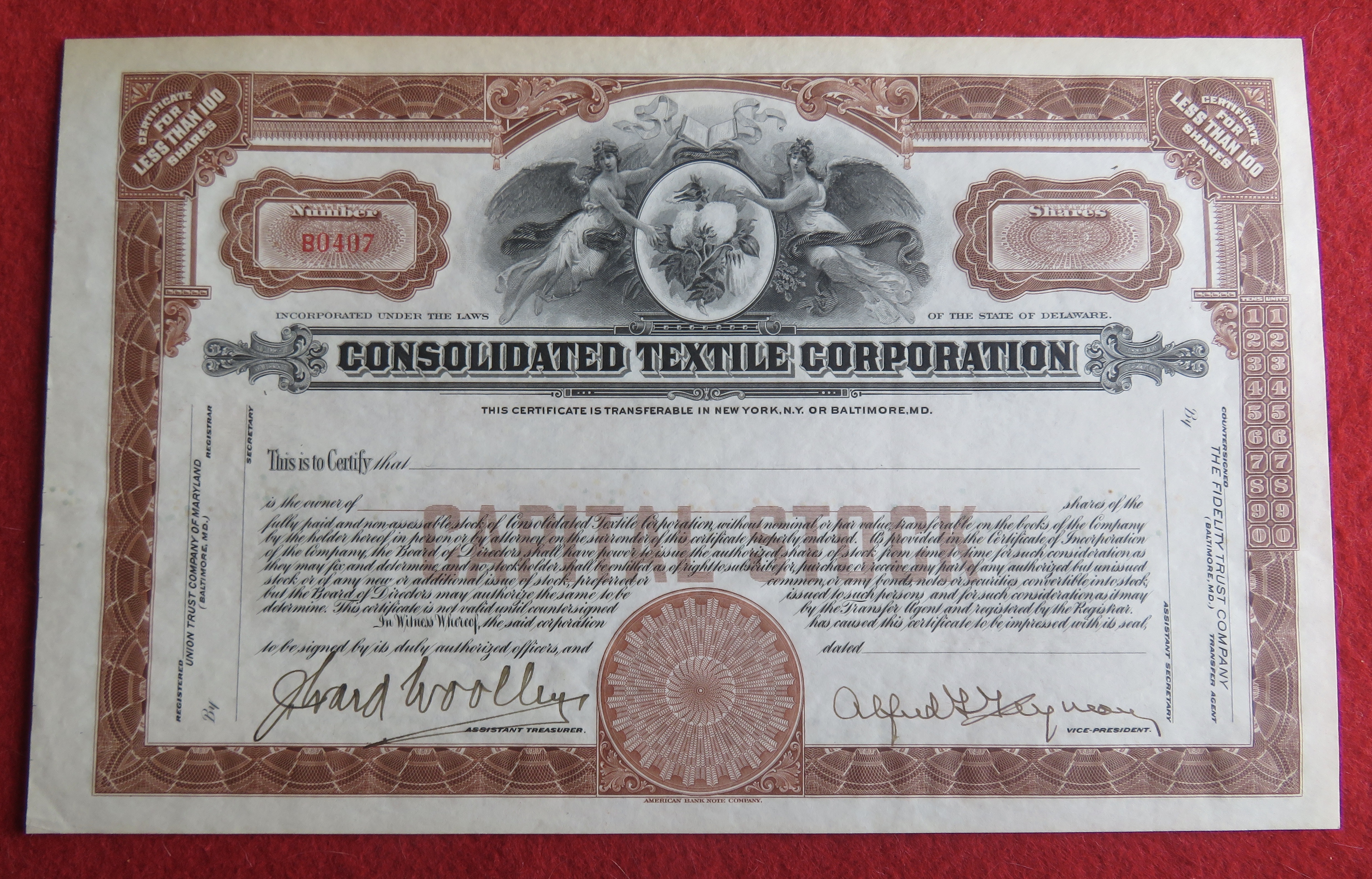 1920's Consolidated Textile Corporation Stock