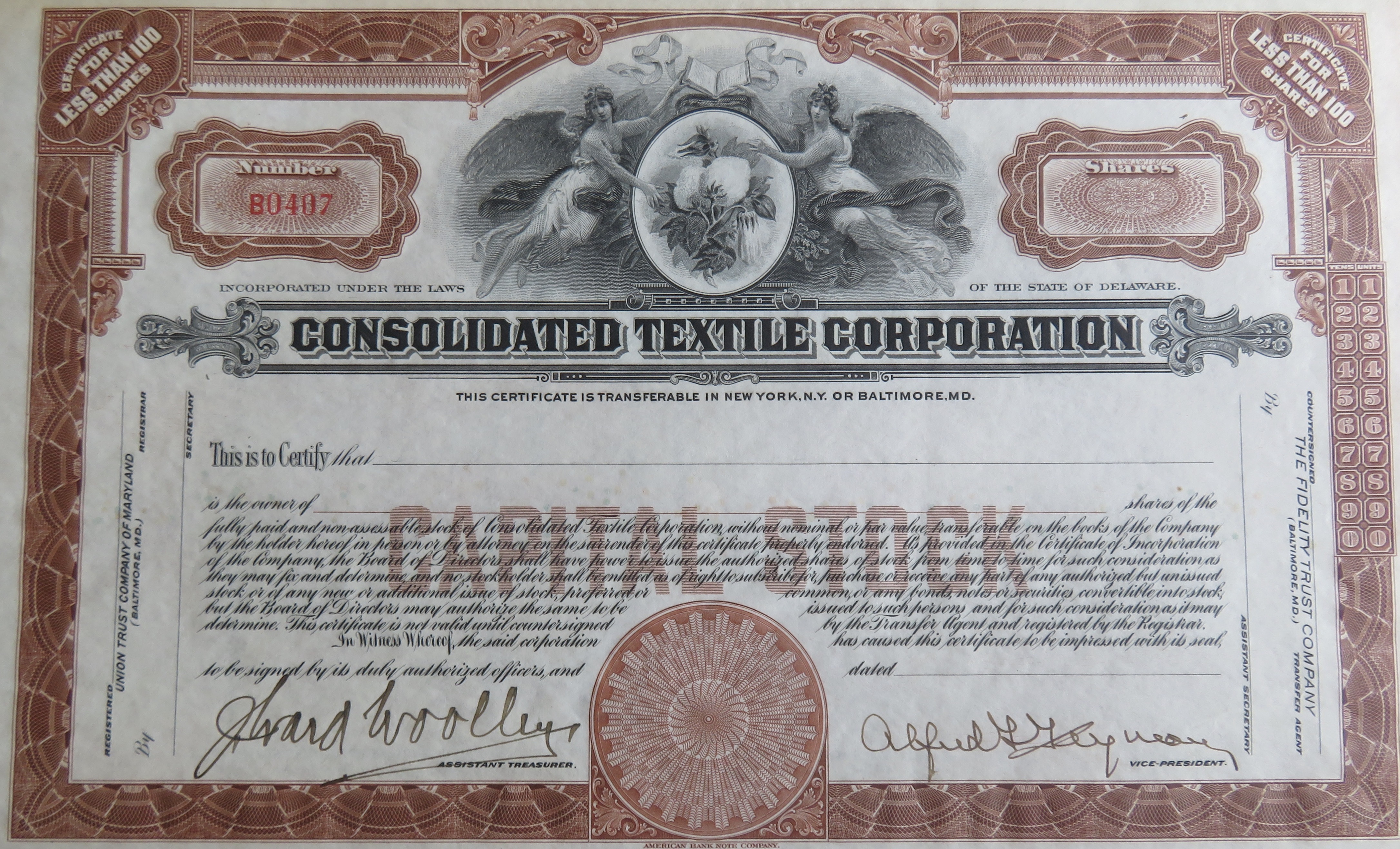 1920's Consolidated Textile Corporation Stock