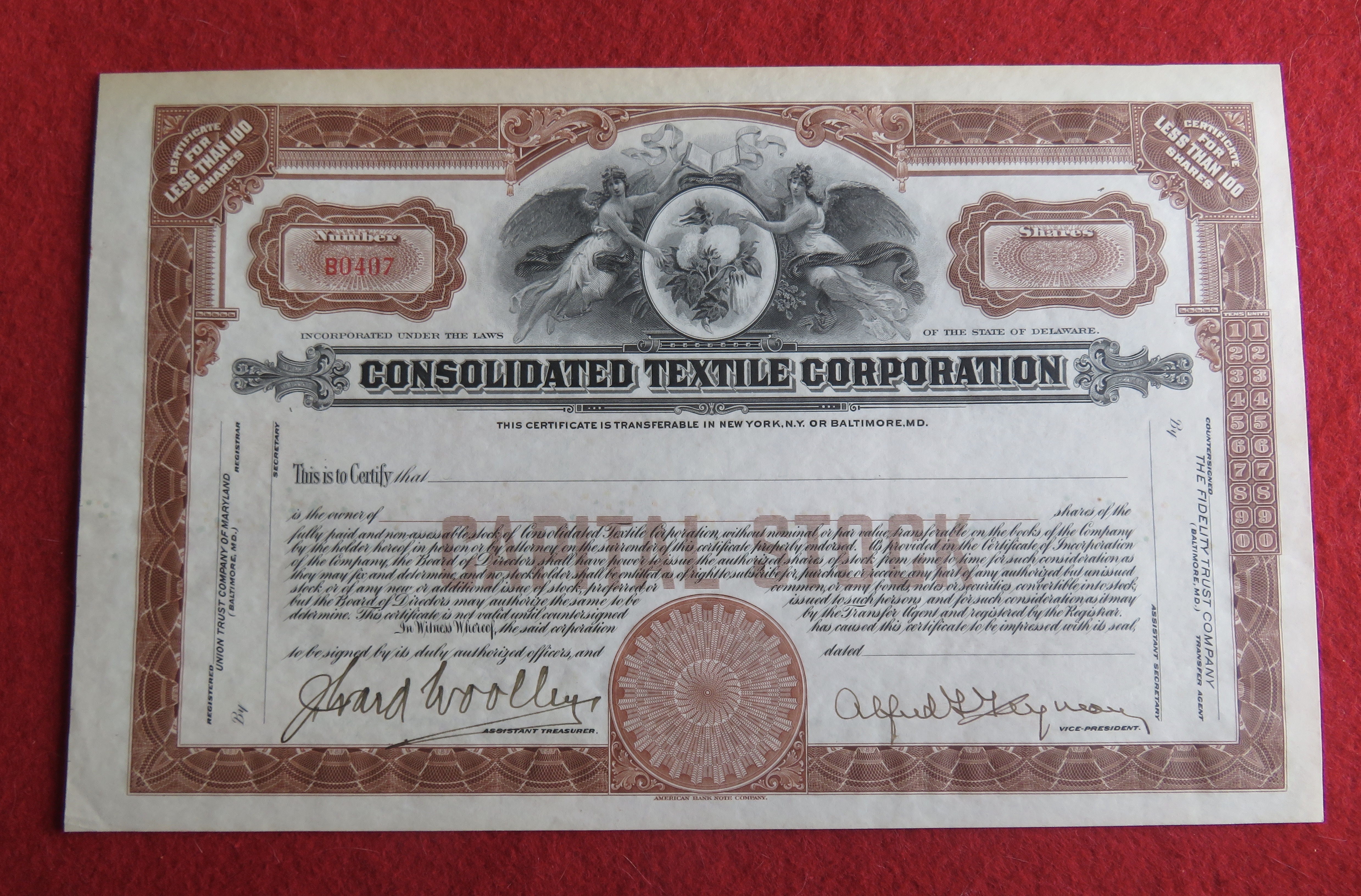 1920's Consolidated Textile Corporation Stock
