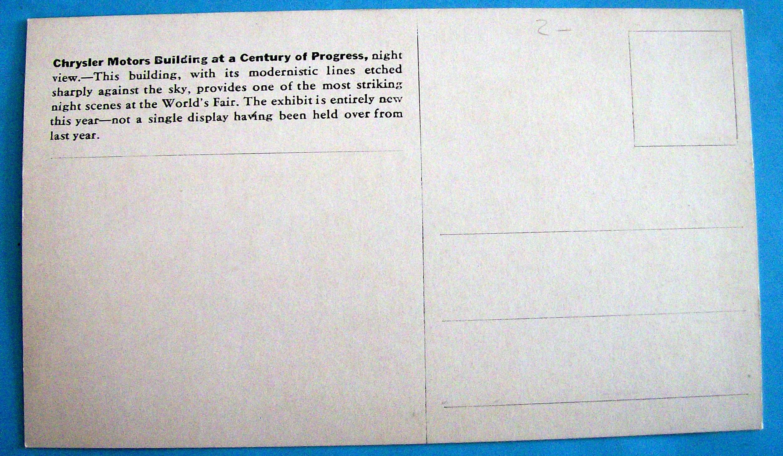 1933 Century of Progress Chrysler Motors Postcard