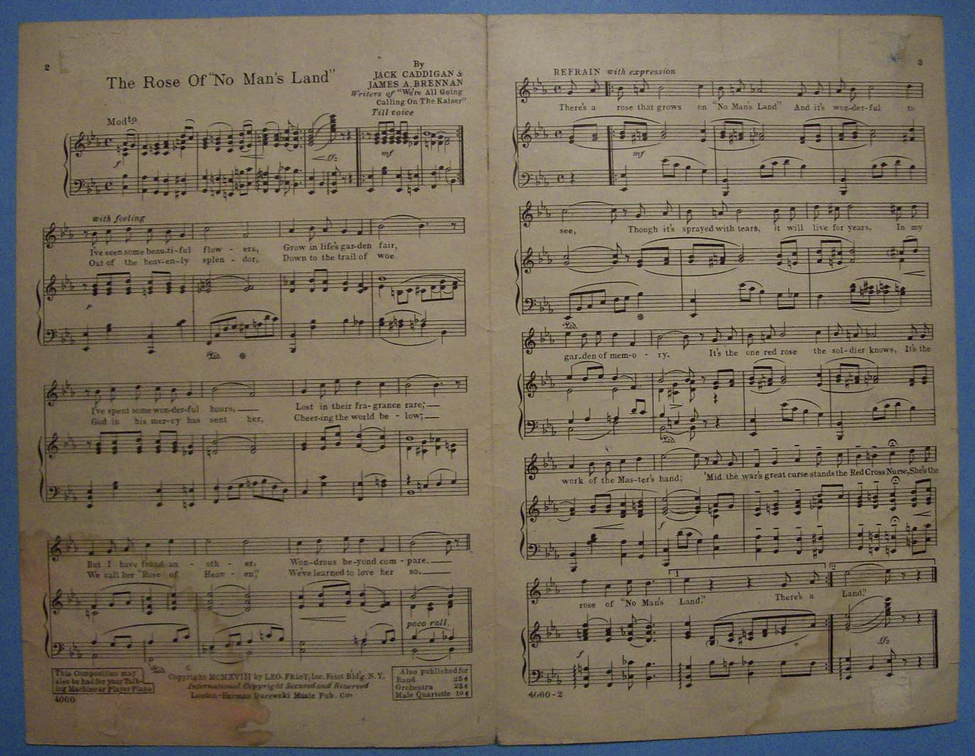 Sheet Music For 1918 The Rose Of No Man's Land