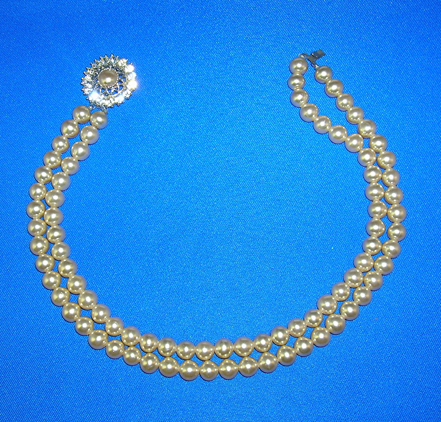 Pearl Double Strand Rhinestone Flower Clasp Necklace