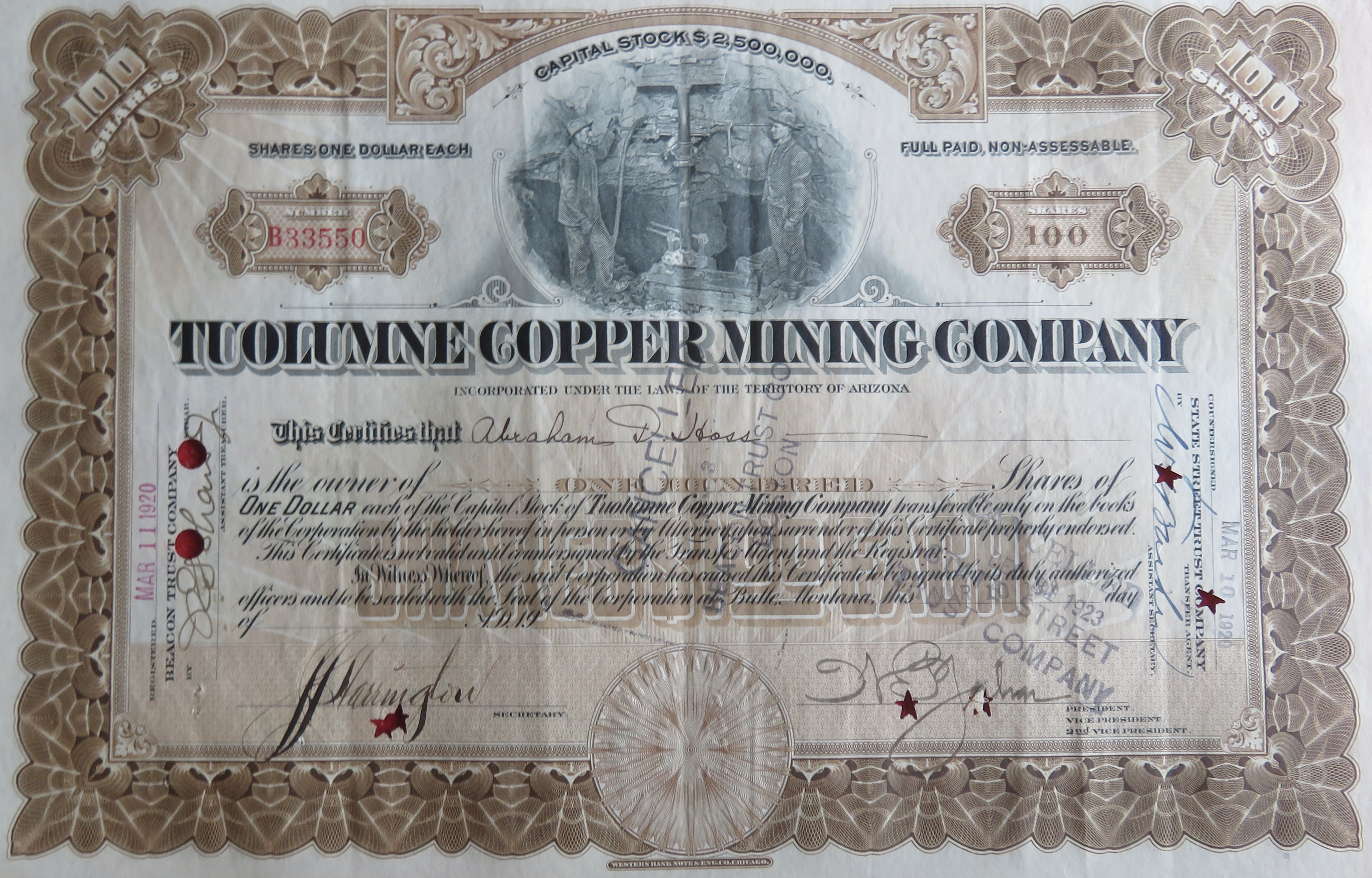 1920 Tuolumne Copper Mining Company Stock Certificate