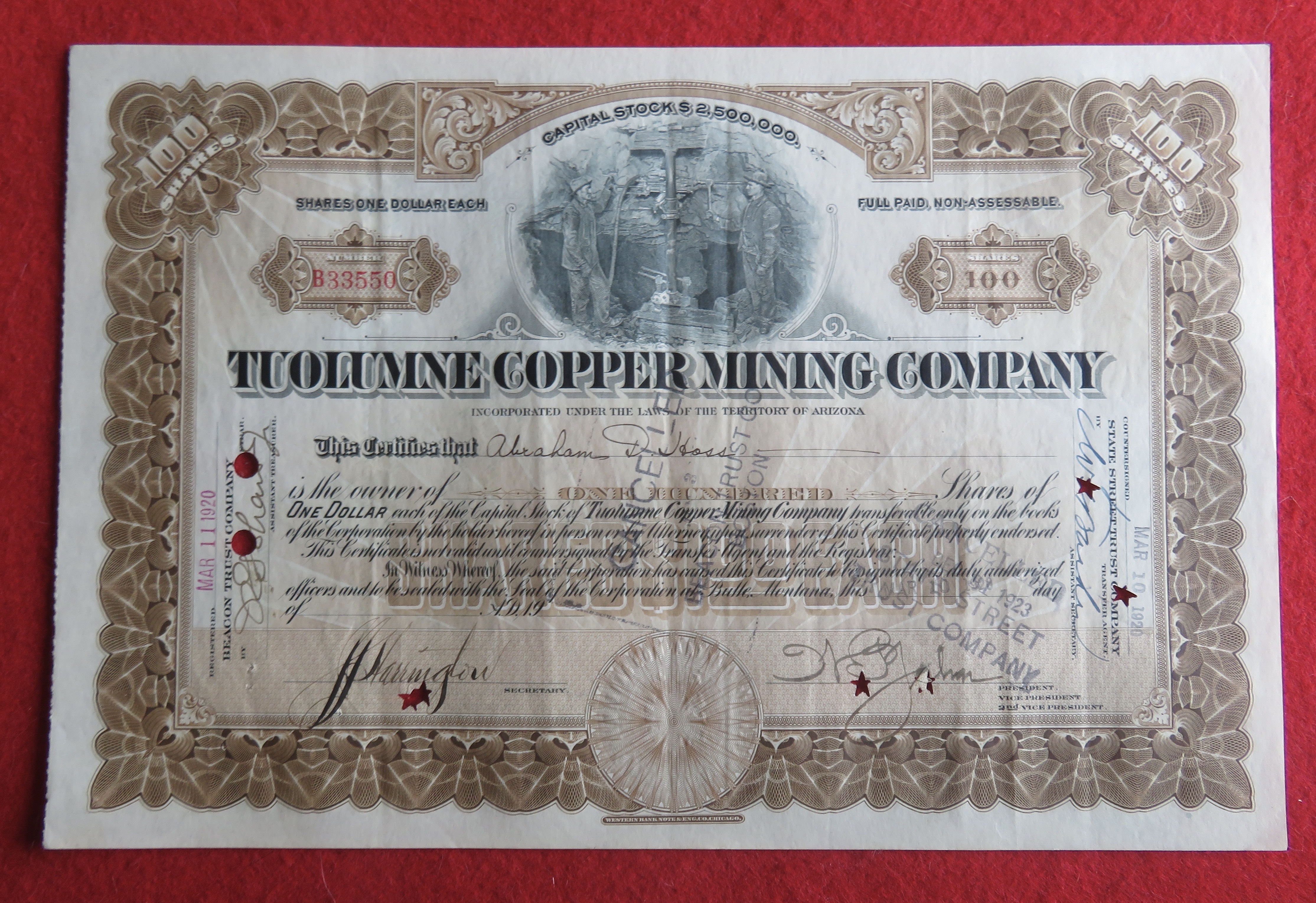 1920 Tuolumne Copper Mining Company Stock Certificate