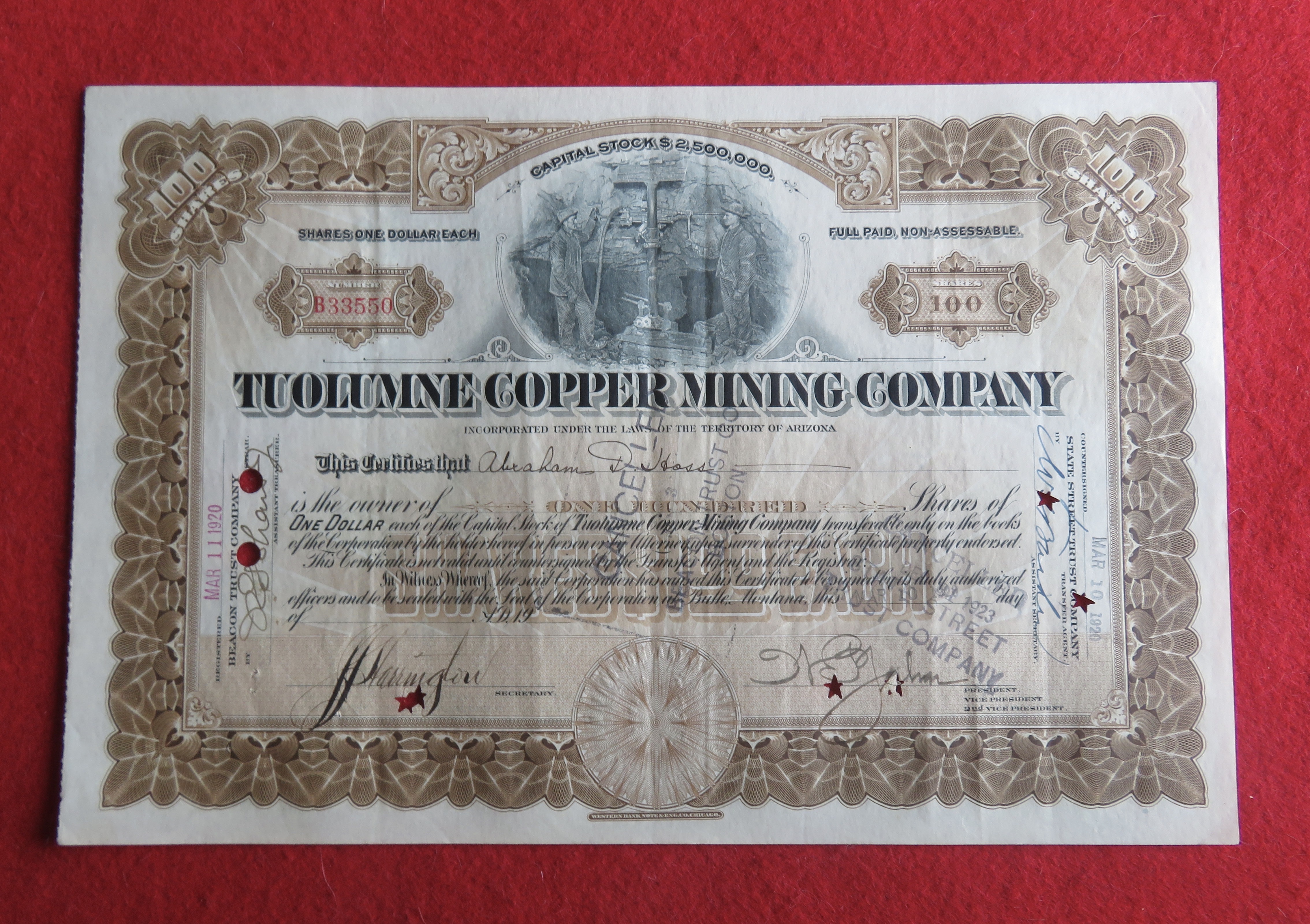 1920 Tuolumne Copper Mining Company Stock Certificate