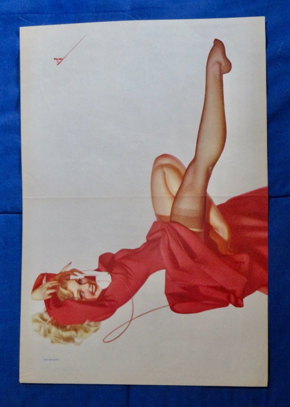 Original 1945 Sexy Pin Up Girl Wearing A Red Dress While Laying On Her Back While On The Telephone By George Petty