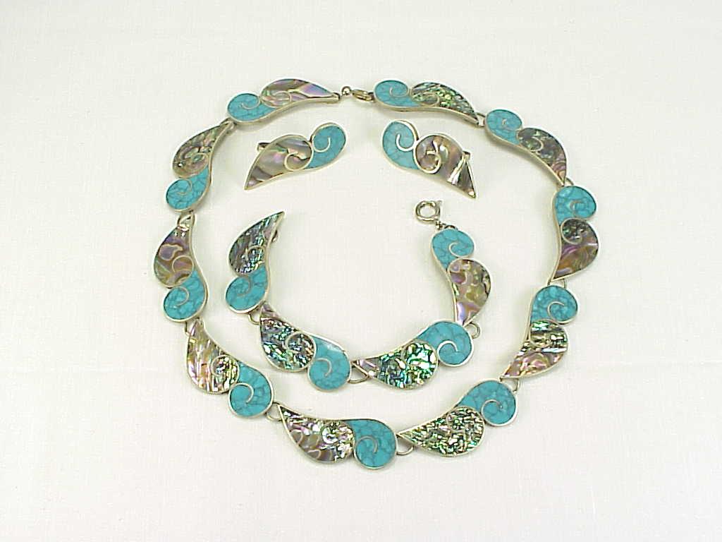 Signed Taxco Mexico 980 Silver Turquoise Necklace Bracelet Earrings