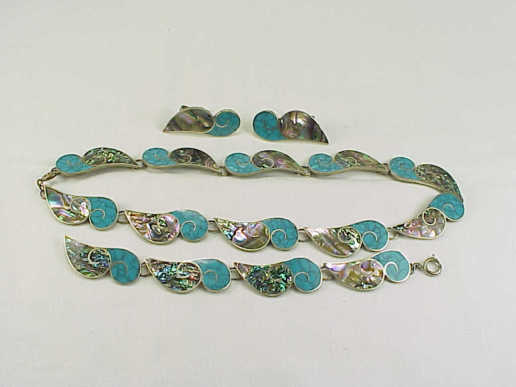 Signed Taxco Mexico 980 Silver Turquoise Necklace Bracelet Earrings