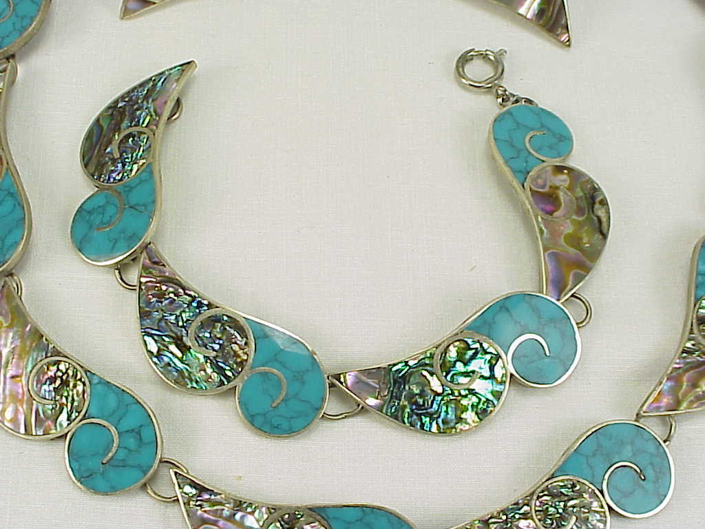 Signed Taxco Mexico 980 Silver Turquoise Necklace Bracelet Earrings