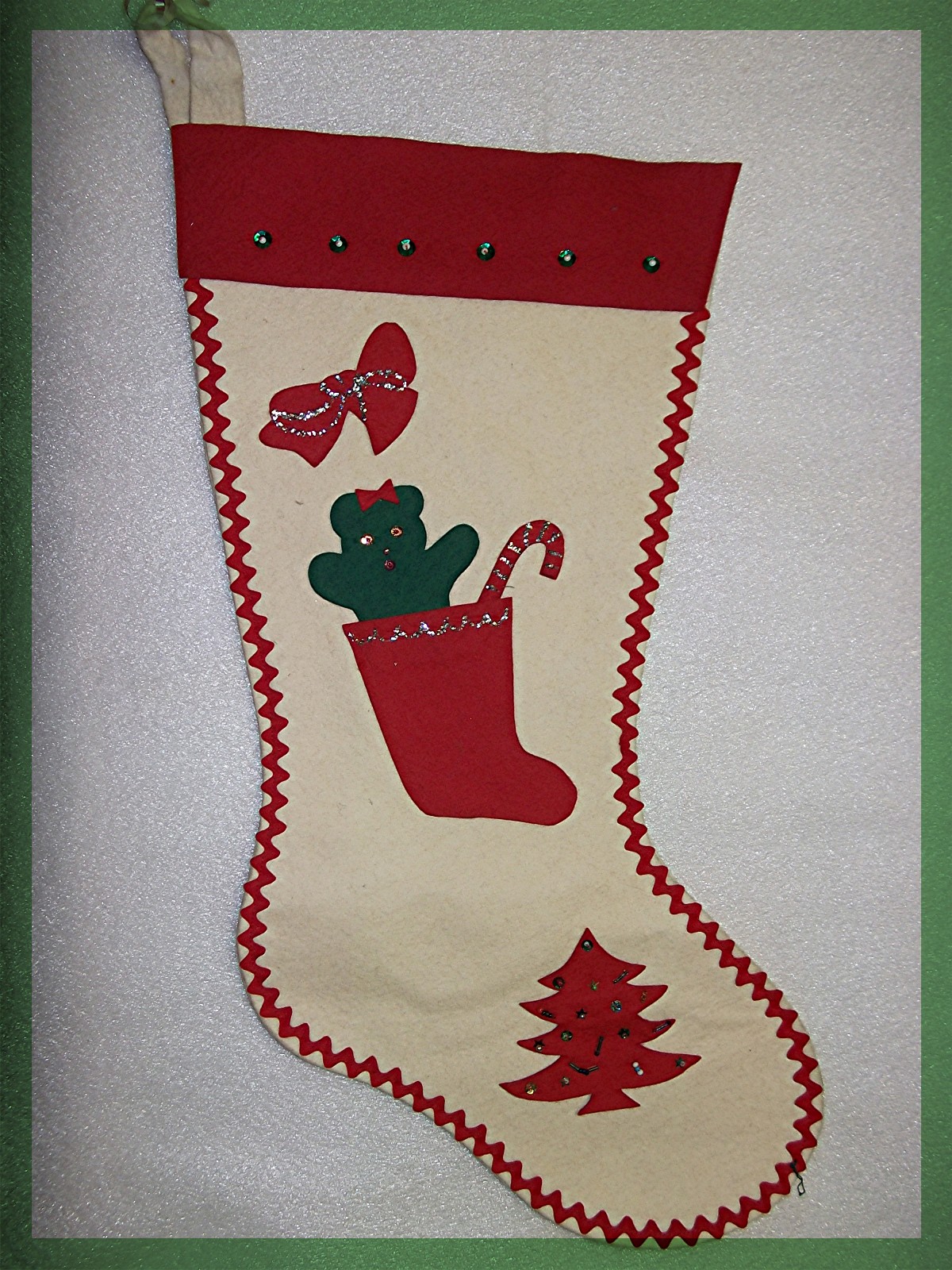 Christmas Stocking Red White Felt Handmade Vintage