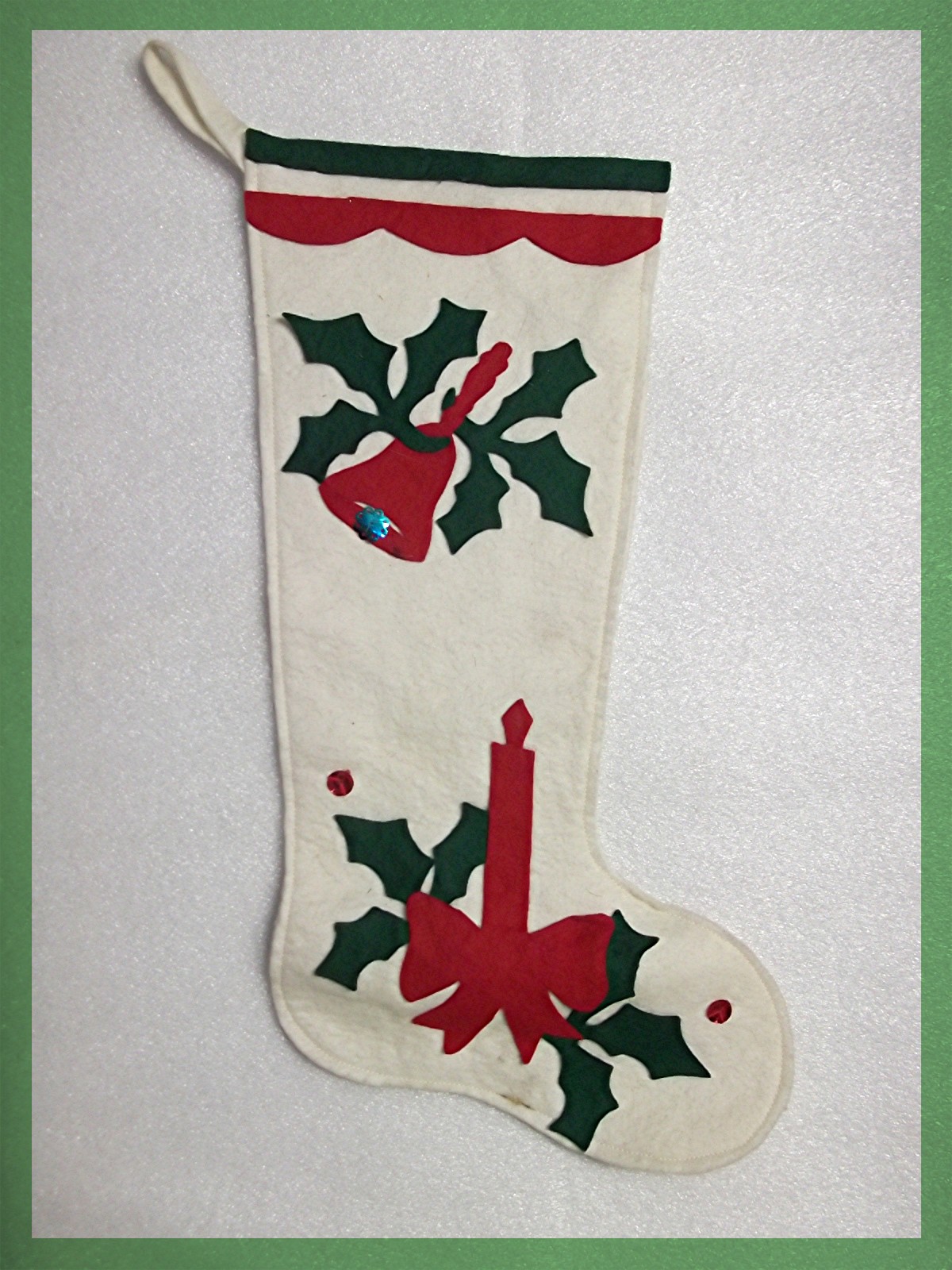 Christmas Stocking White felt with Candle and Bell