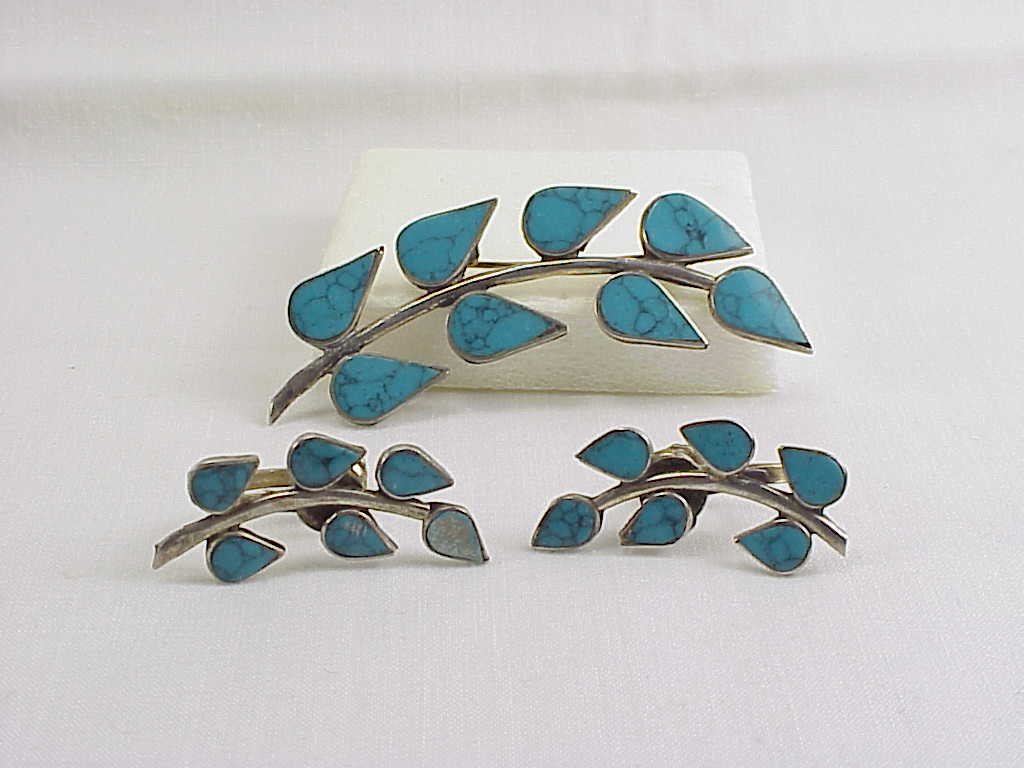 Signed Taxco Mexican Sterling Silver Turquoise Brooch & Earrings Set