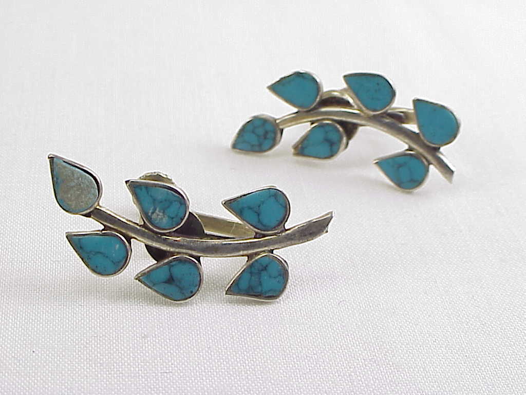 Signed Taxco Mexican Sterling Silver Turquoise Brooch & Earrings Set