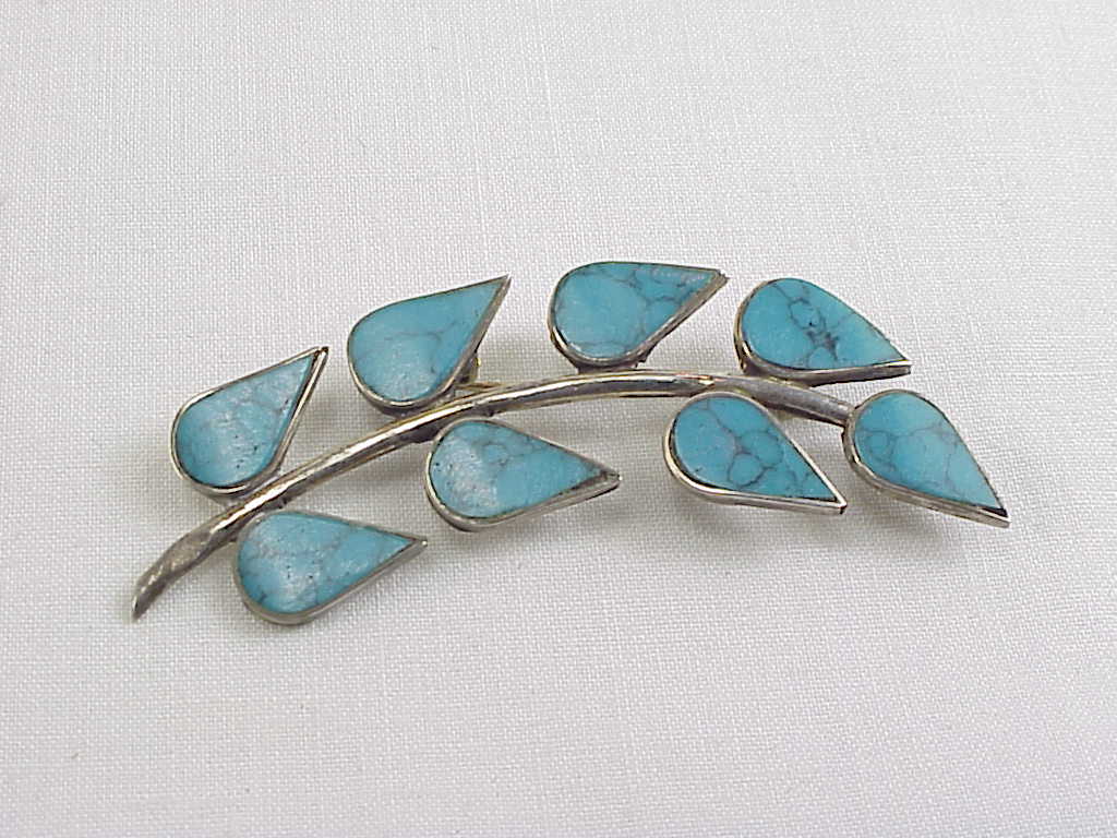 Signed Taxco Mexican Sterling Silver Turquoise Brooch & Earrings Set