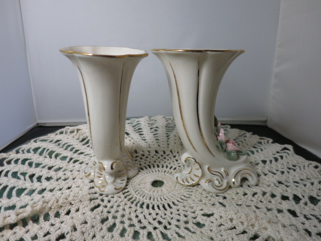 Vintage Dresden Cornucopia Horn Vase Pair Porcelain 1950s Germany