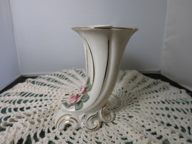 Vintage Dresden Cornucopia Horn Vase Pair Porcelain 1950s Germany