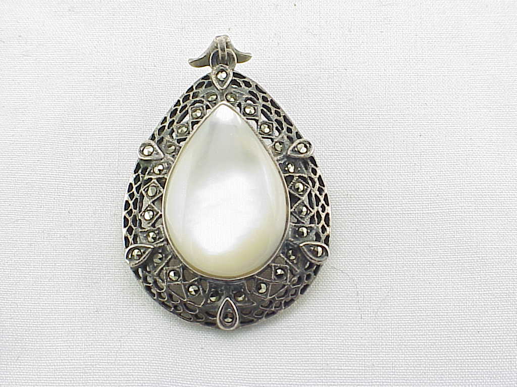 Vintage Sterling Silver, Mother Of Pearl, Marcasite Pendant Or Brooch