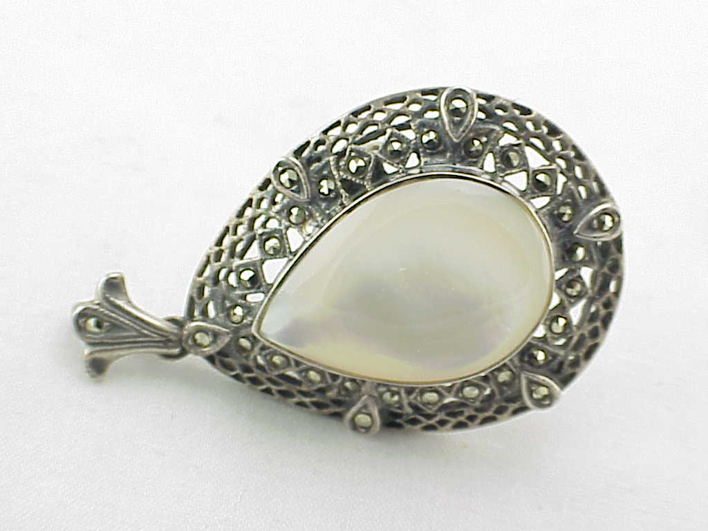 Vintage Sterling Silver, Mother Of Pearl, Marcasite Pendant Or Brooch
