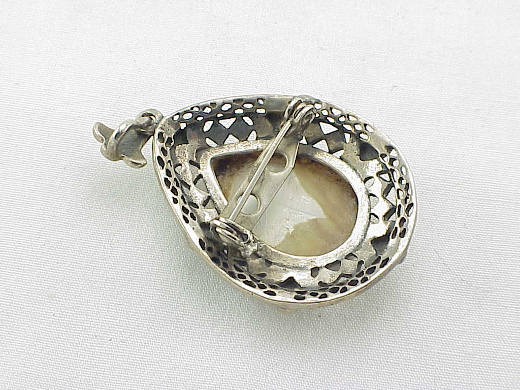 Vintage Sterling Silver, Mother Of Pearl, Marcasite Pendant Or Brooch