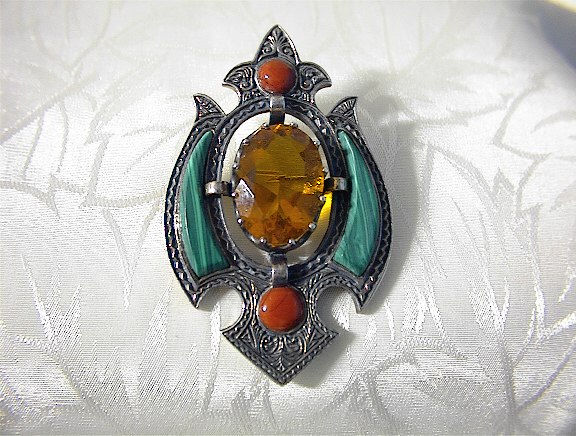 Scottish Sterling Silver Malachite Brooch
