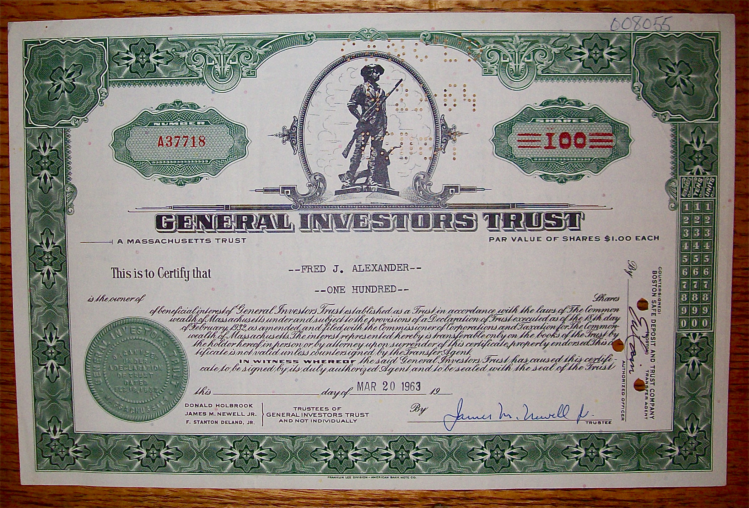 1963 General Investors Trust Stock Certificate