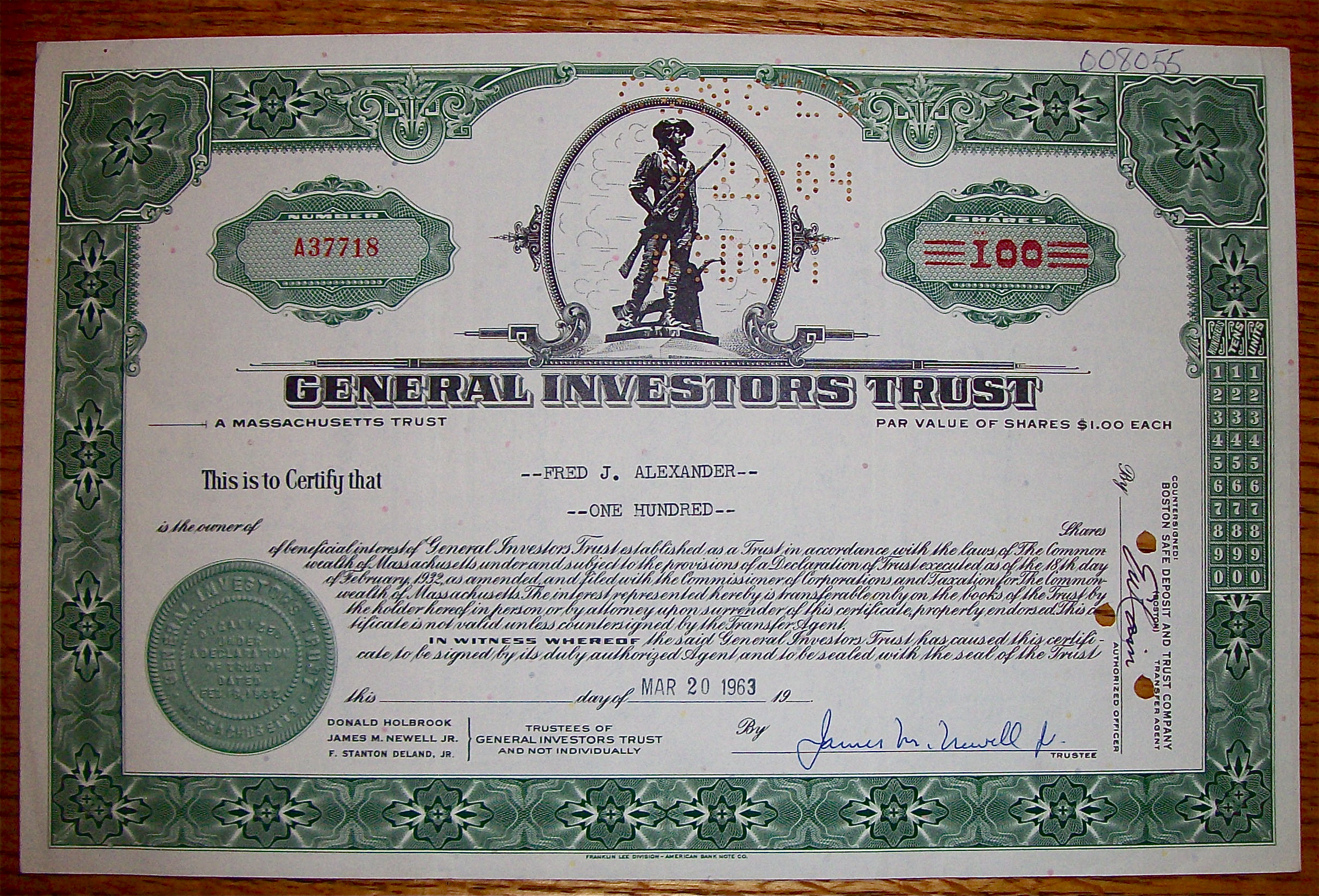 1963 General Investors Trust Stock Certificate