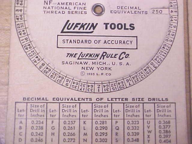 Lufkin Screw Thread Calculator 1935 on a Card
