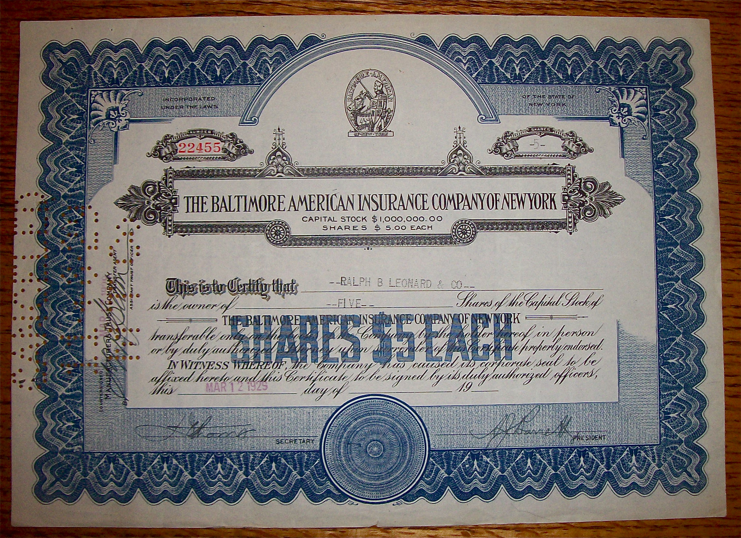 1929 Baltimore American Insurance Co Of New York Stock