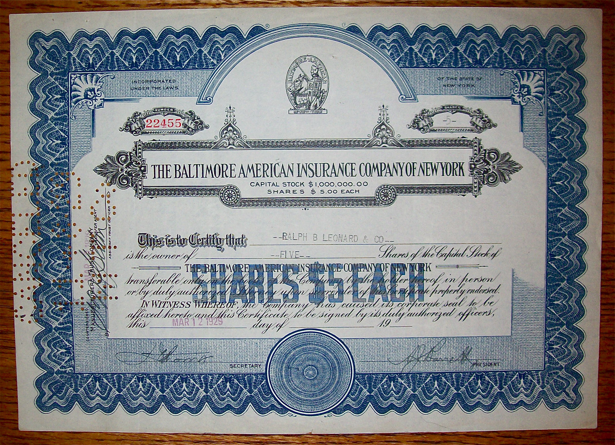 1929 Baltimore American Insurance Co Of New York Stock