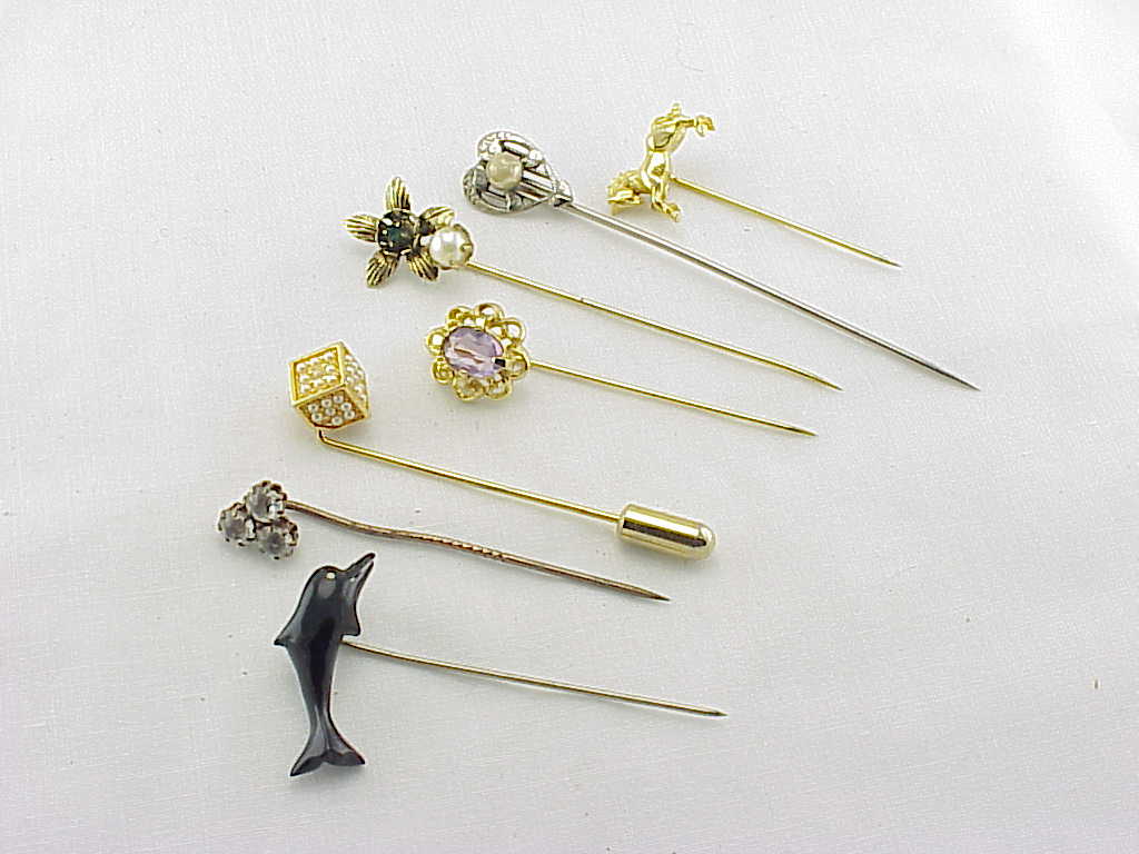 7 Vintage Stick Pins Stickpins Lot - Black Coral, Rhinestones, Horse