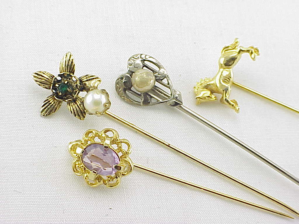 7 Vintage Stick Pins Stickpins Lot - Black Coral, Rhinestones, Horse