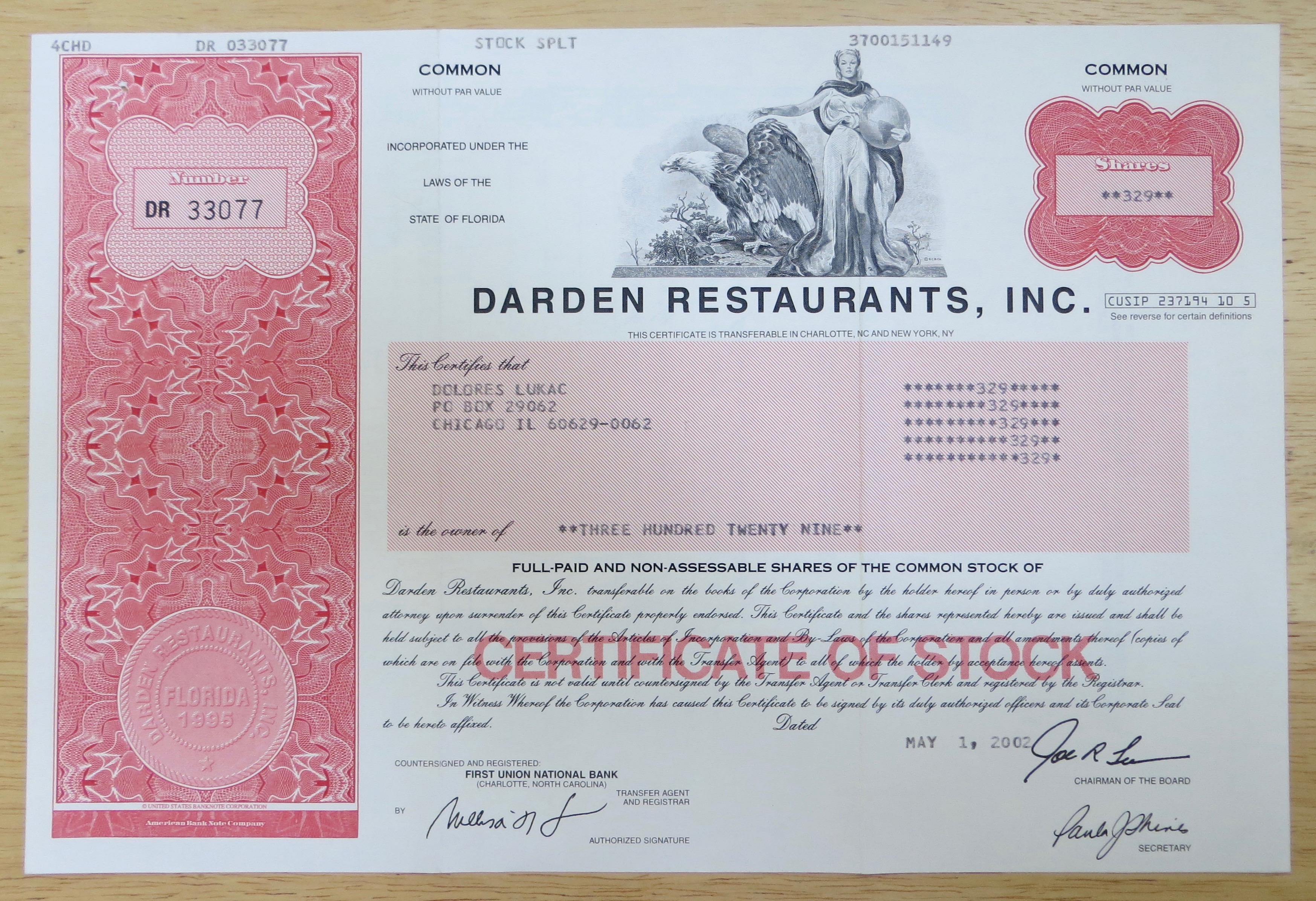 2002 Darden Restaurants Incorporated Stock Certificate