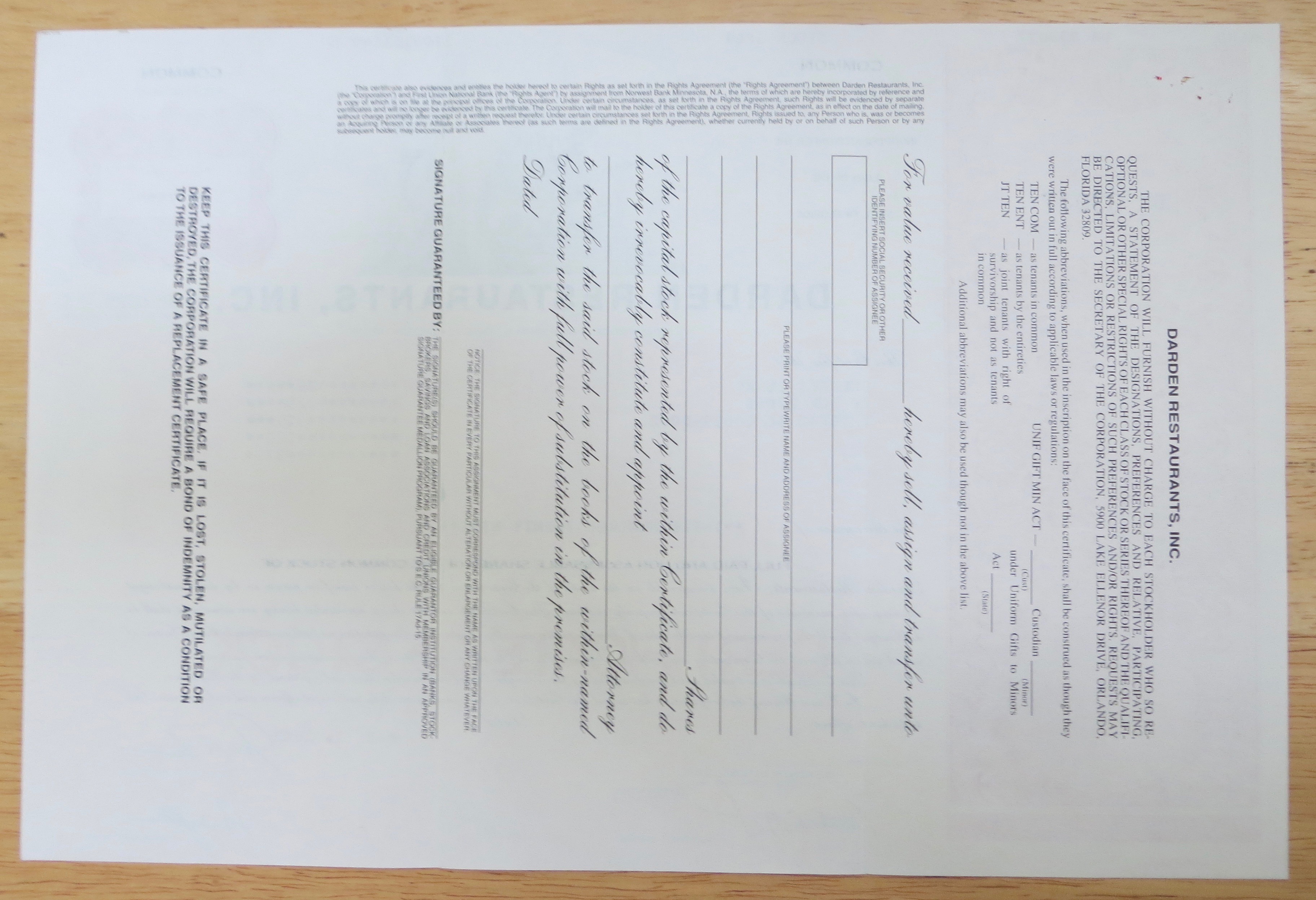 2002 Darden Restaurants Incorporated Stock Certificate