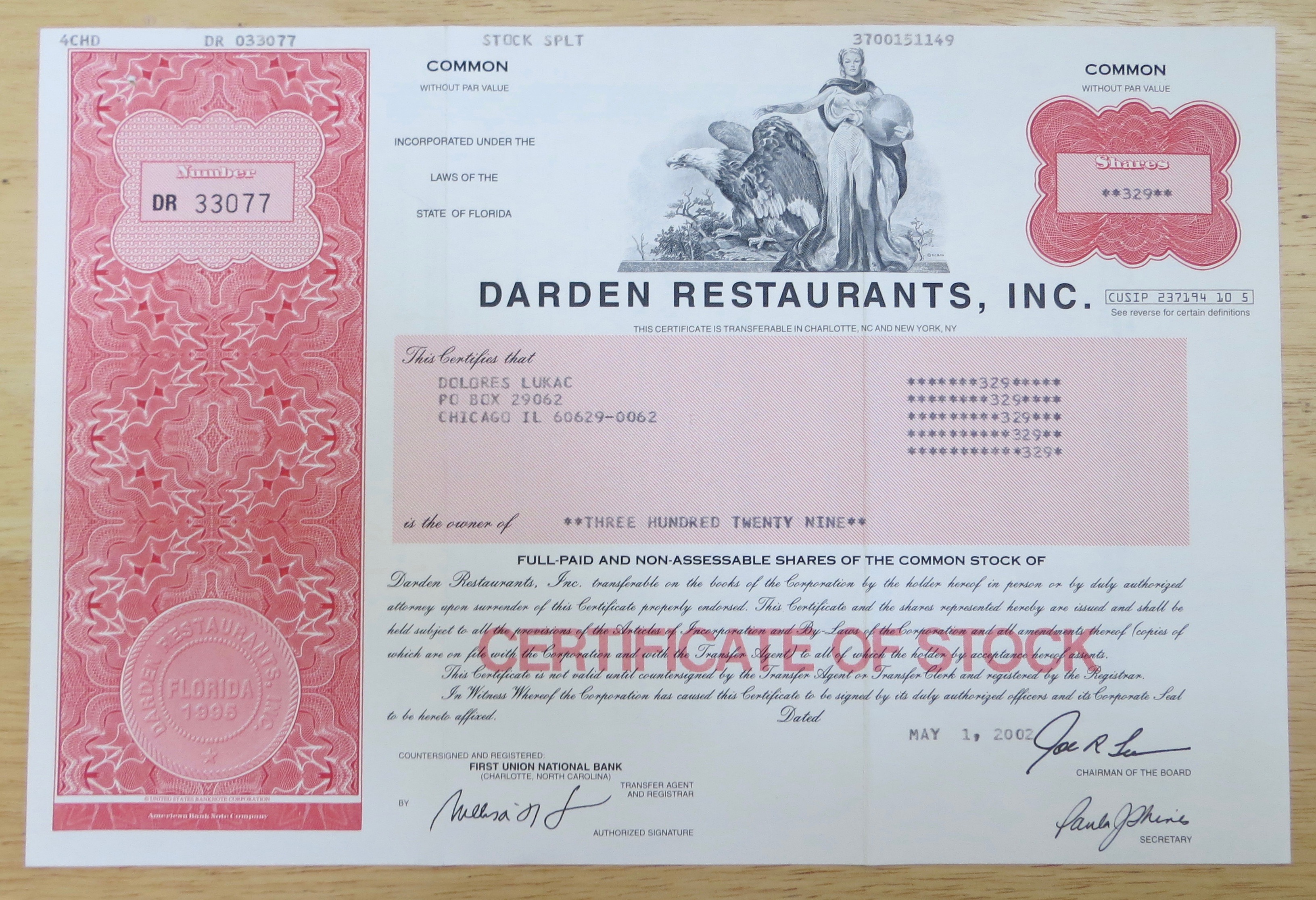 2002 Darden Restaurants Incorporated Stock Certificate