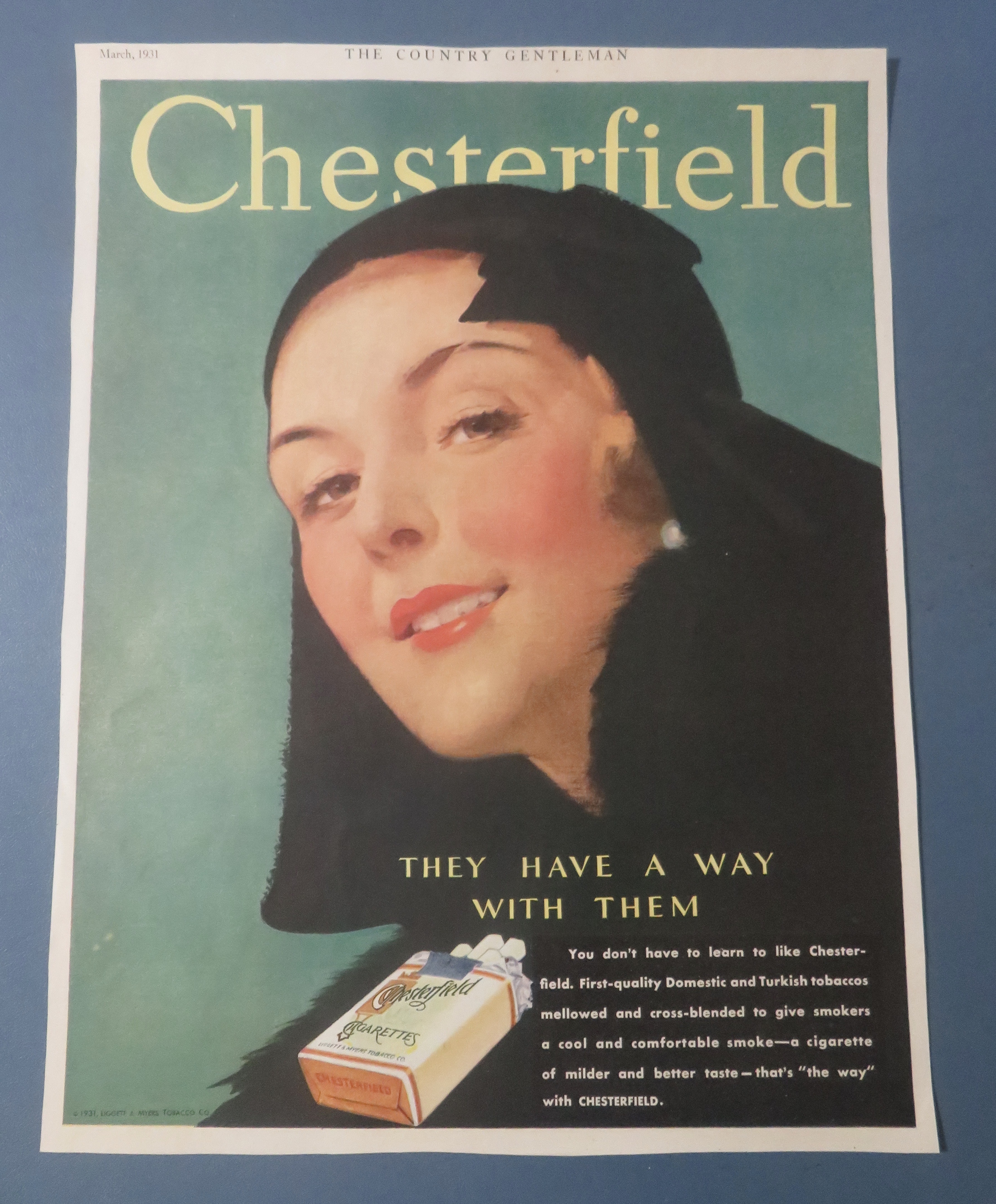 1931 Chesterfield Cigarettes with Lovely Woman Smiling