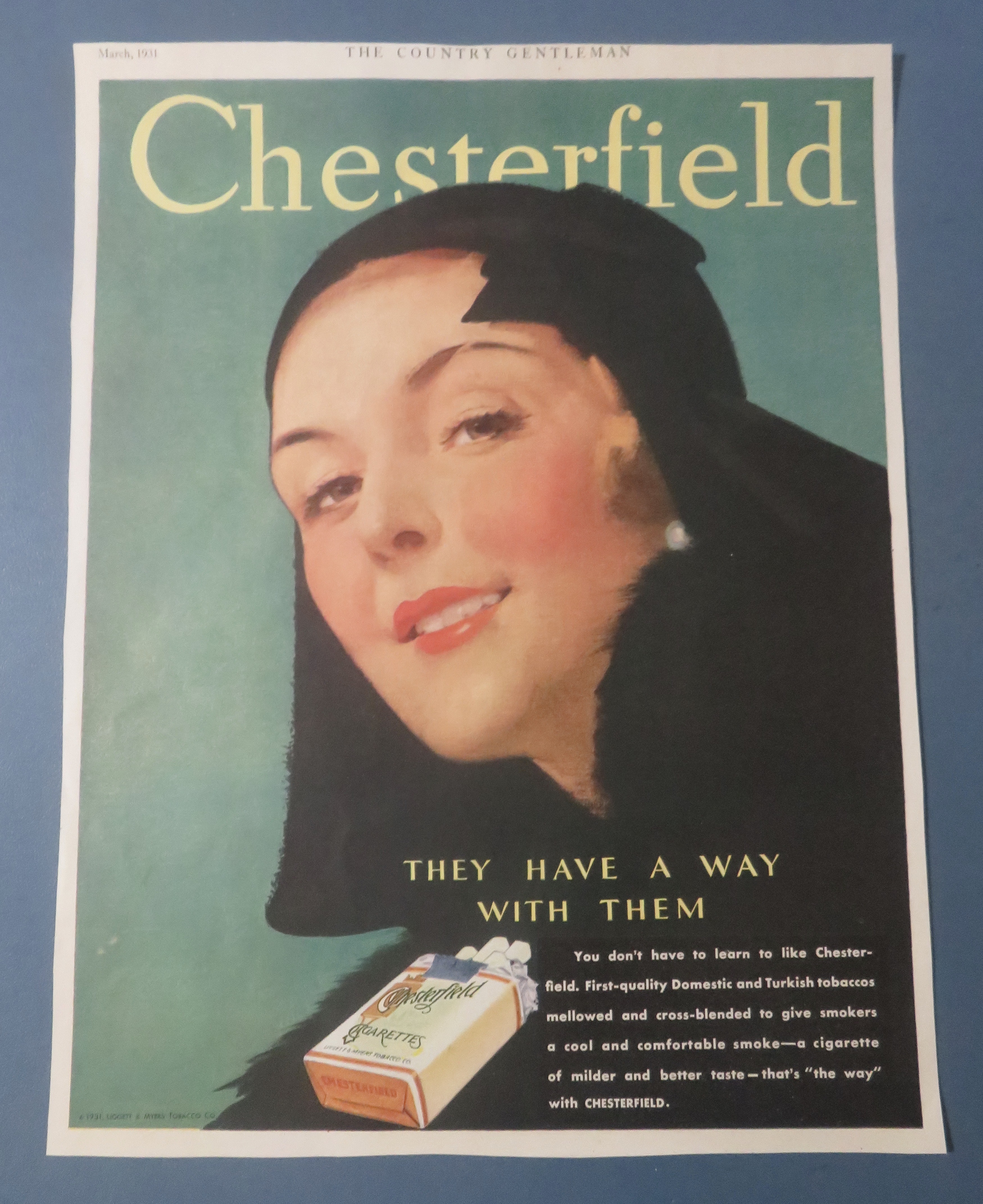 1931 Chesterfield Cigarettes with Lovely Woman Smiling