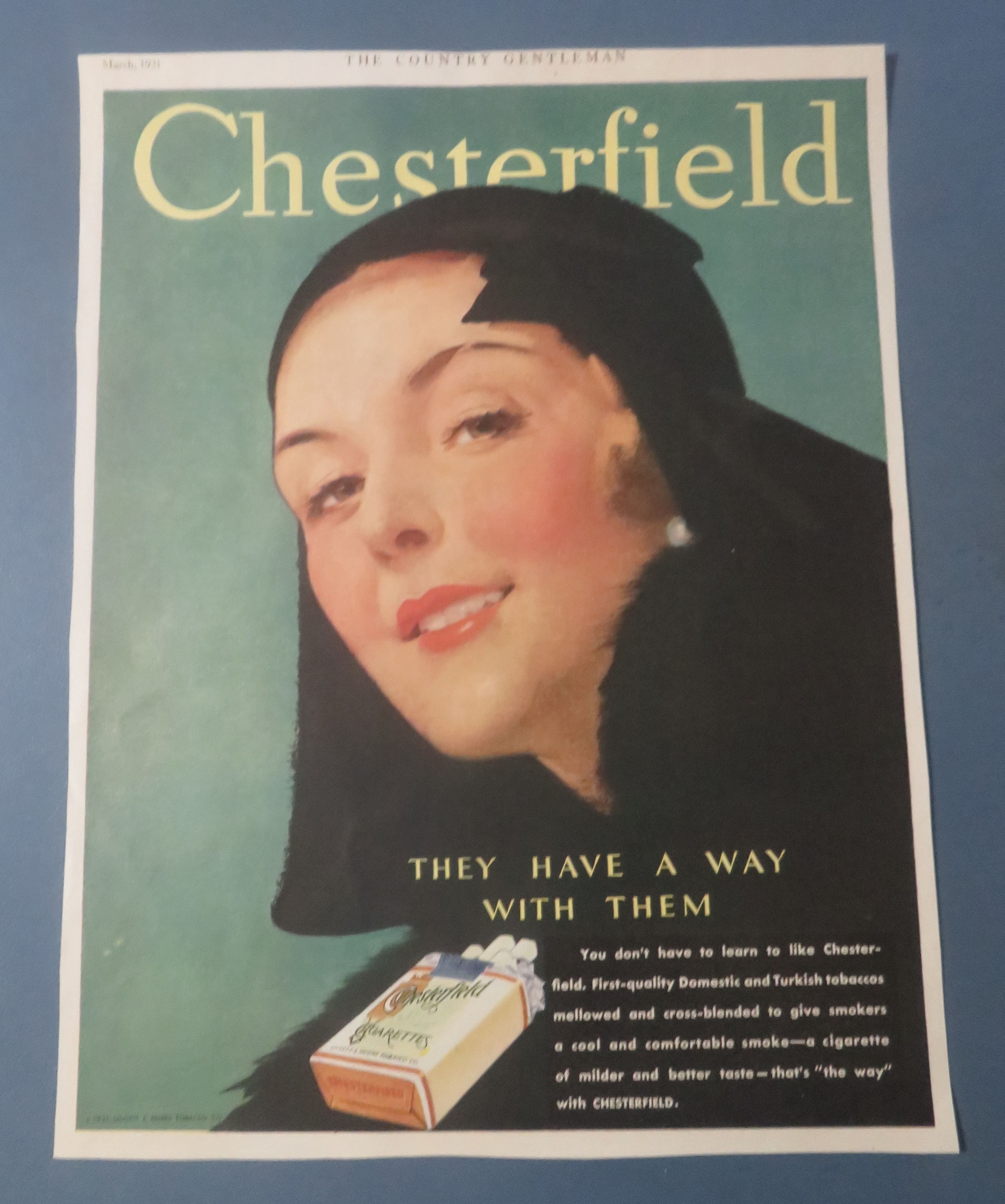 1931 Chesterfield Cigarettes with Lovely Woman Smiling