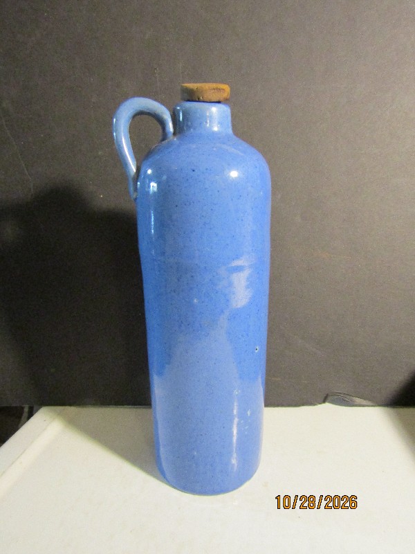Vintage Blue Glazed Stoneware Jug Bottle with Cork Stopper