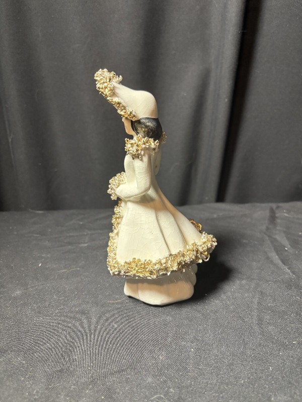 Vintage Spaghetti Trim Ceramic Southern Belle Lady Figurine Gold Accents 7 Inch