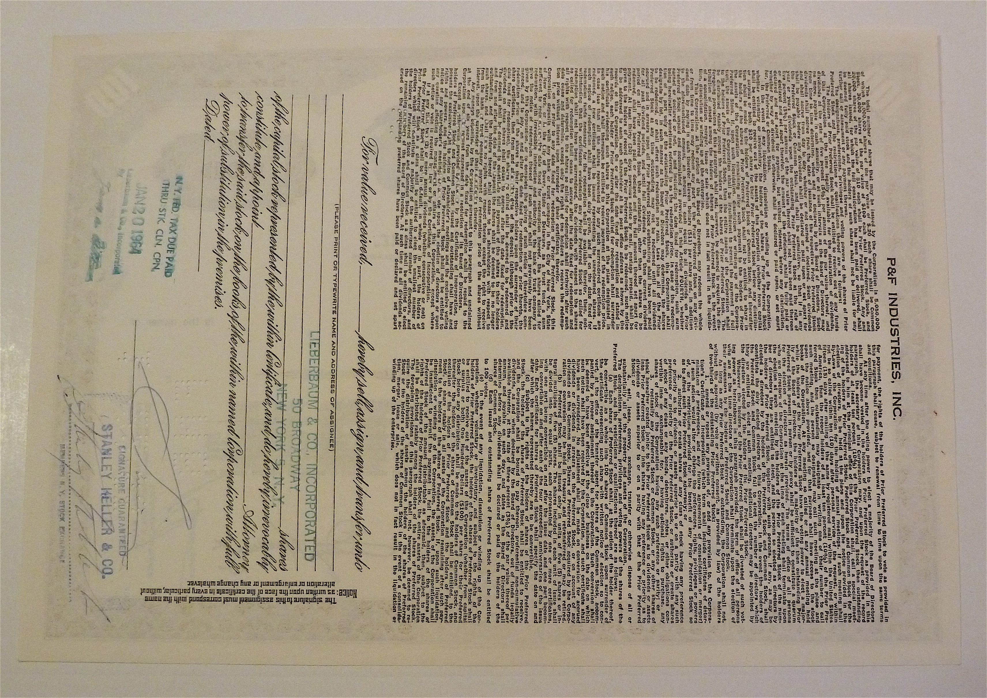 P & F Industries Inc. Stock Certificate